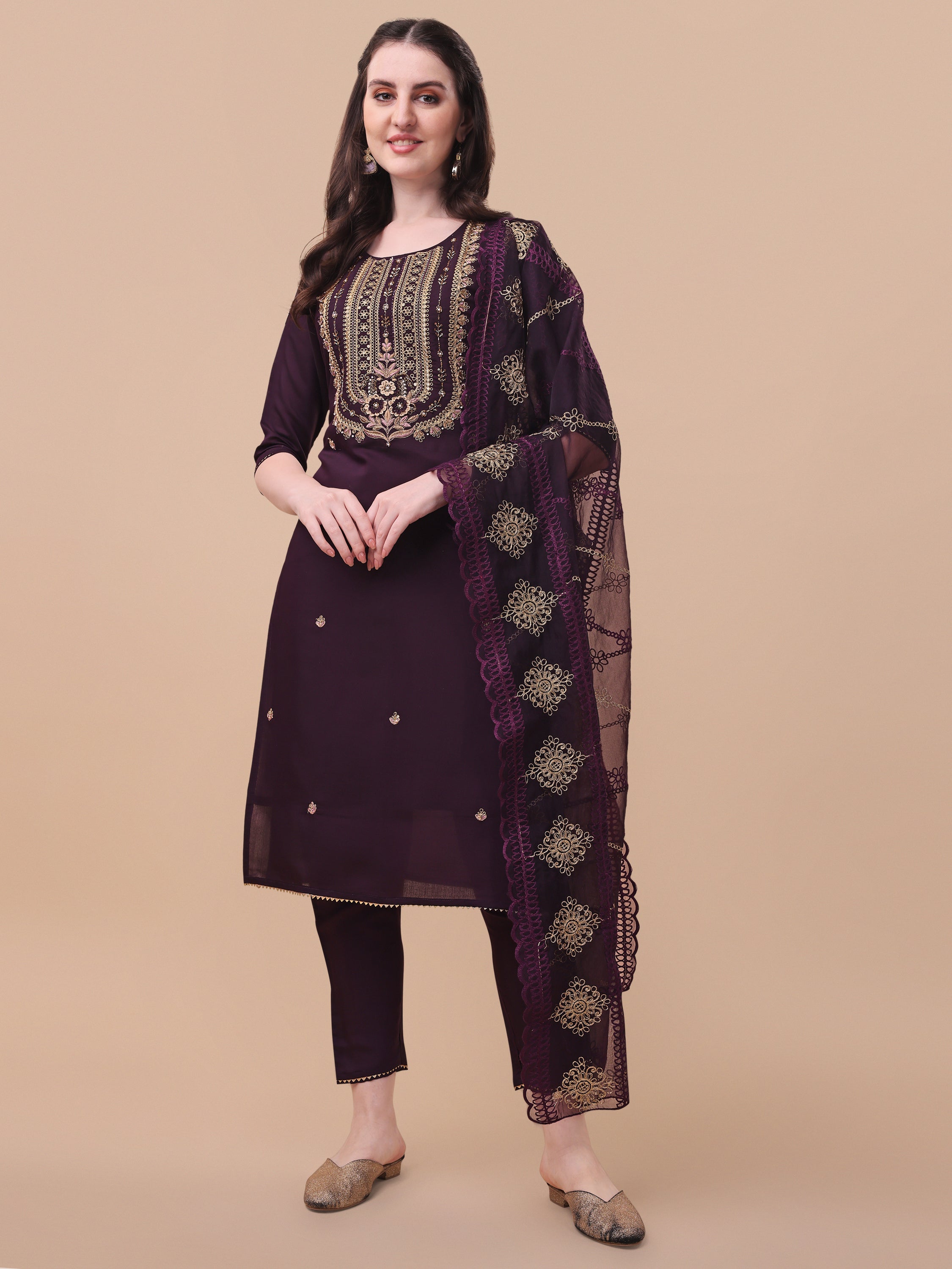 Embroidered Kurta With Pant & Dupatta Set, Multicolor - Hiral Fashion | Grocsy
