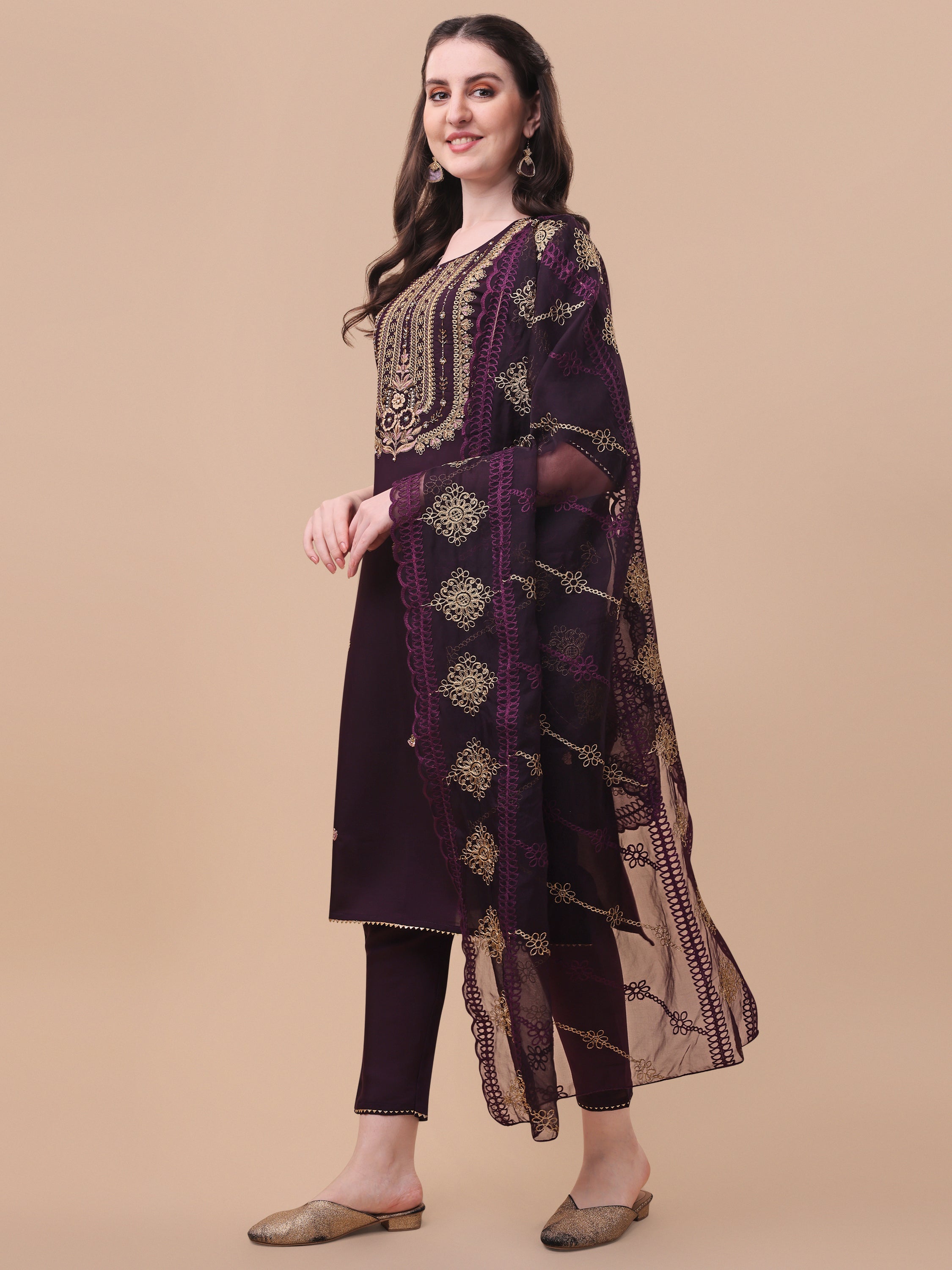 Embroidered Kurta With Pant & Dupatta Set, Multicolor - Hiral Fashion | Grocsy