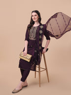 Embroidered Kurta With Pant & Dupatta Set, Multicolor - Hiral Fashion | Grocsy