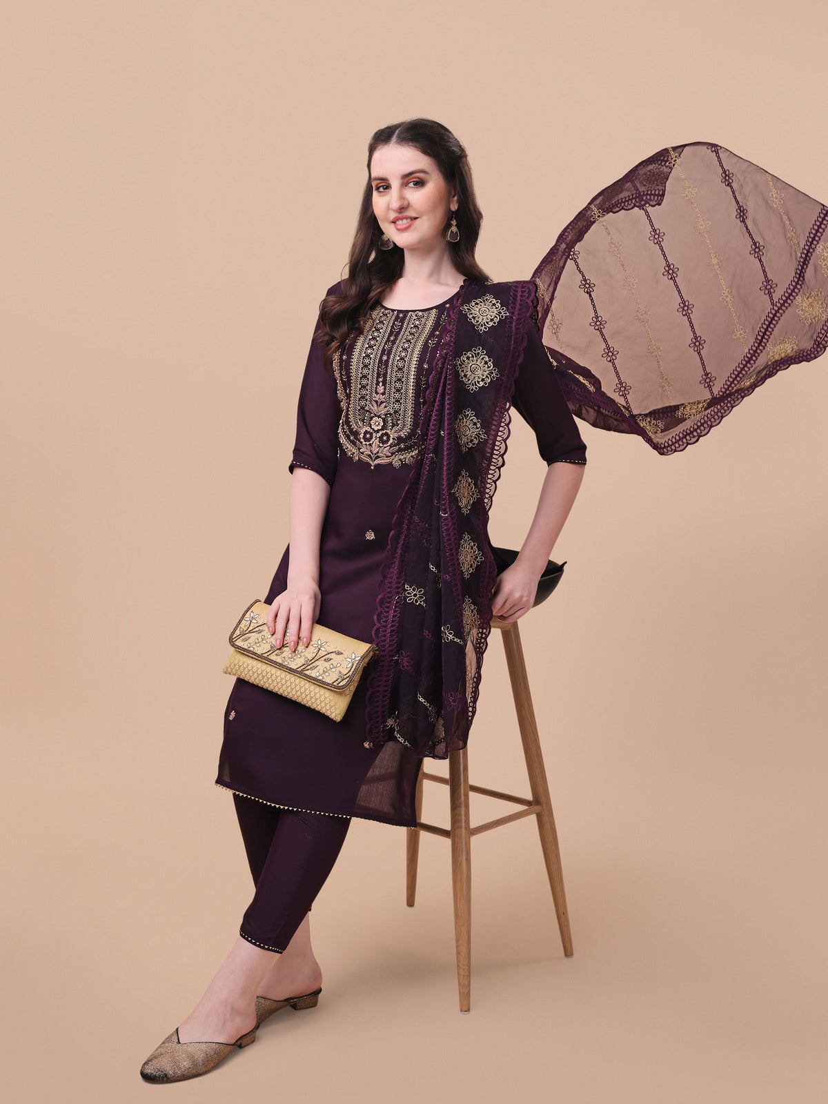 Embroidered Kurta With Pant & Dupatta Set, Multicolor - Hiral Fashion | Grocsy