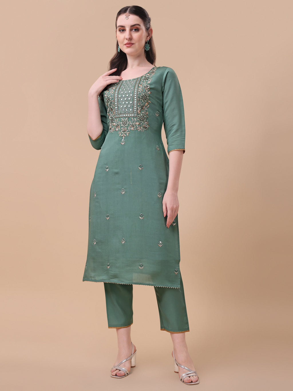 Embroidered Kurta With Pant And Printed Dupatta Set, Multicolor - Hiral Fashion | Grocsy