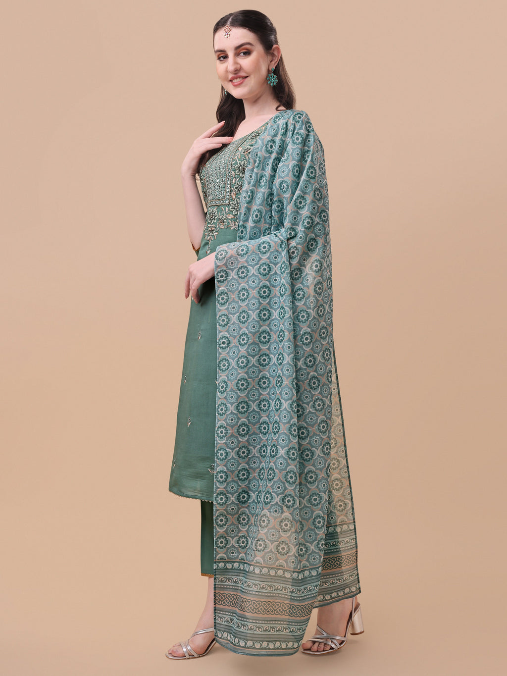 Embroidered Kurta With Pant And Printed Dupatta Set, Multicolor - Hiral Fashion | Grocsy