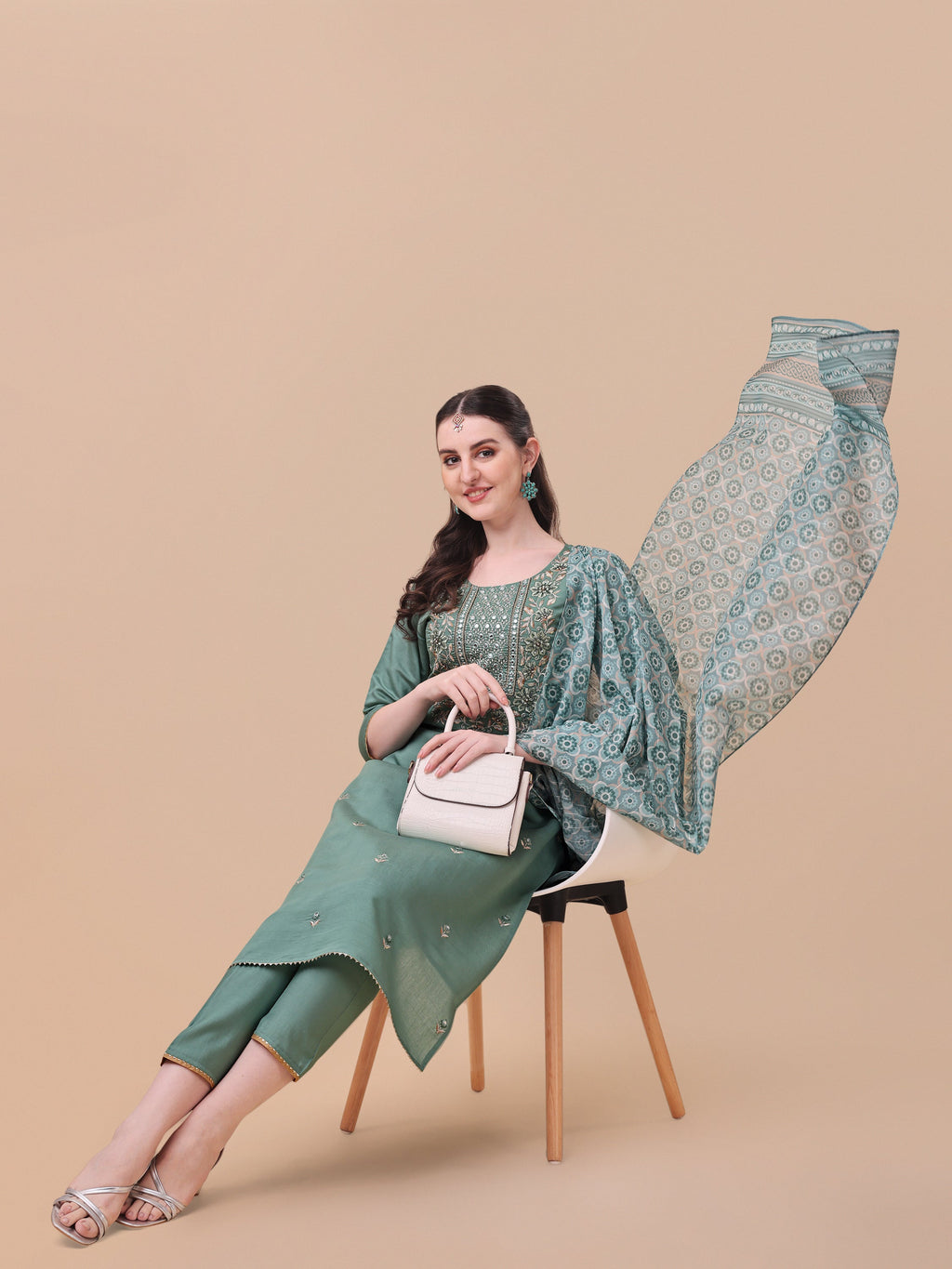 Embroidered Kurta With Pant And Printed Dupatta Set, Multicolor - Hiral Fashion | Grocsy