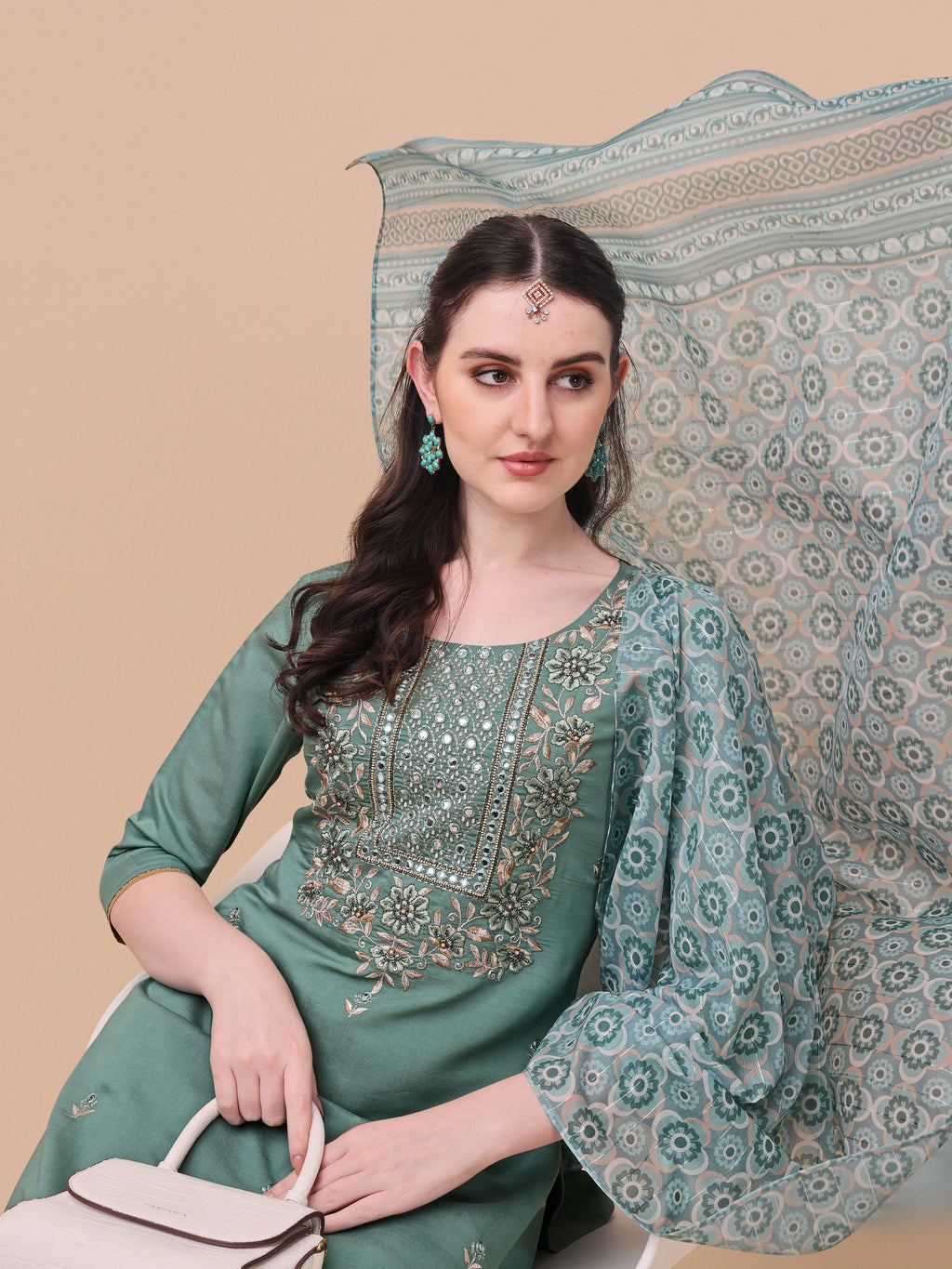 Embroidered Kurta With Pant And Printed Dupatta Set, Multicolor - Hiral Fashion | Grocsy