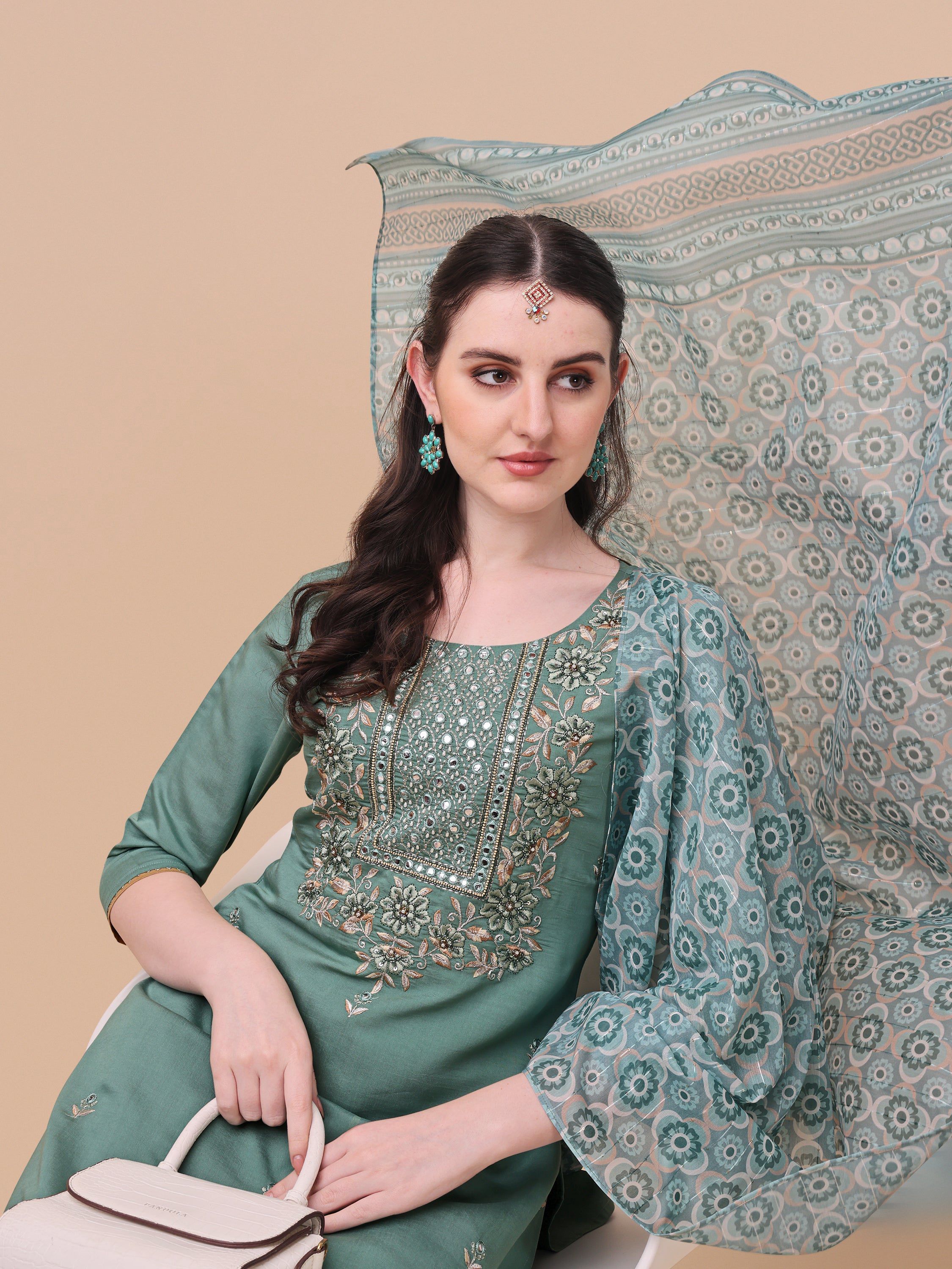 Embroidered Kurta With Pant And Printed Dupatta Set, Multicolor - Hiral Fashion | Grocsy