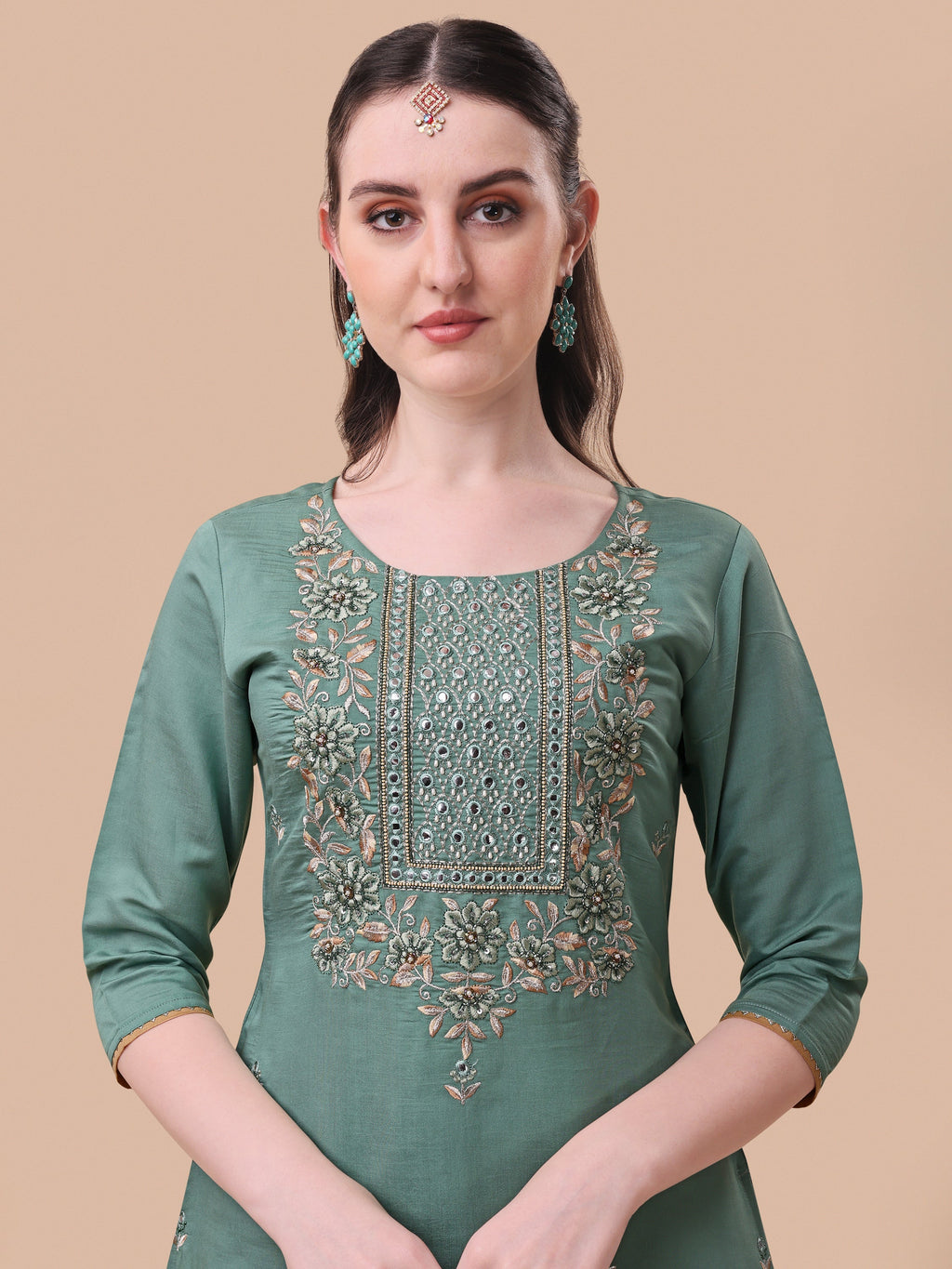 Embroidered Kurta With Pant And Printed Dupatta Set, Multicolor - Hiral Fashion | Grocsy