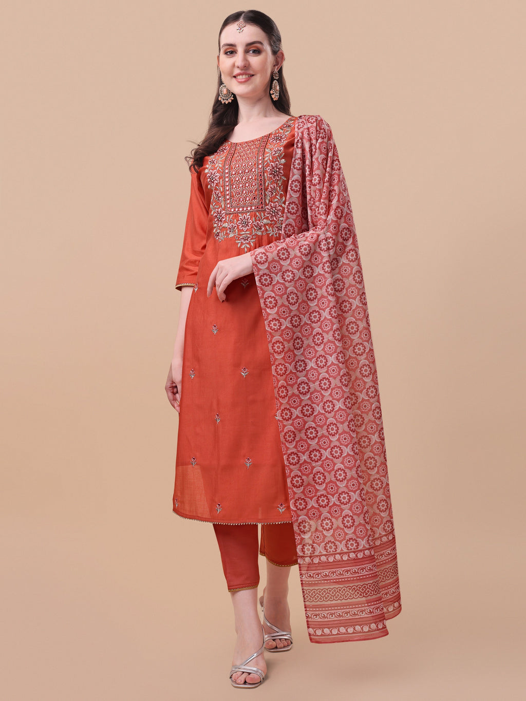 Embroidered Kurta With Pant And Printed Dupatta Set, Multicolor - Hiral Fashion | Grocsy