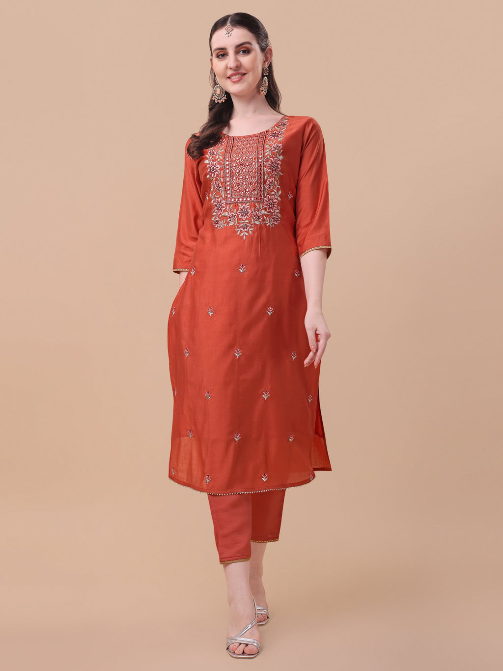 Embroidered Kurta With Pant And Printed Dupatta Set, Multicolor - Hiral Fashion | Grocsy