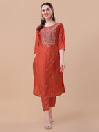 Embroidered Kurta With Pant And Printed Dupatta Set, Multicolor - Hiral Fashion | Grocsy