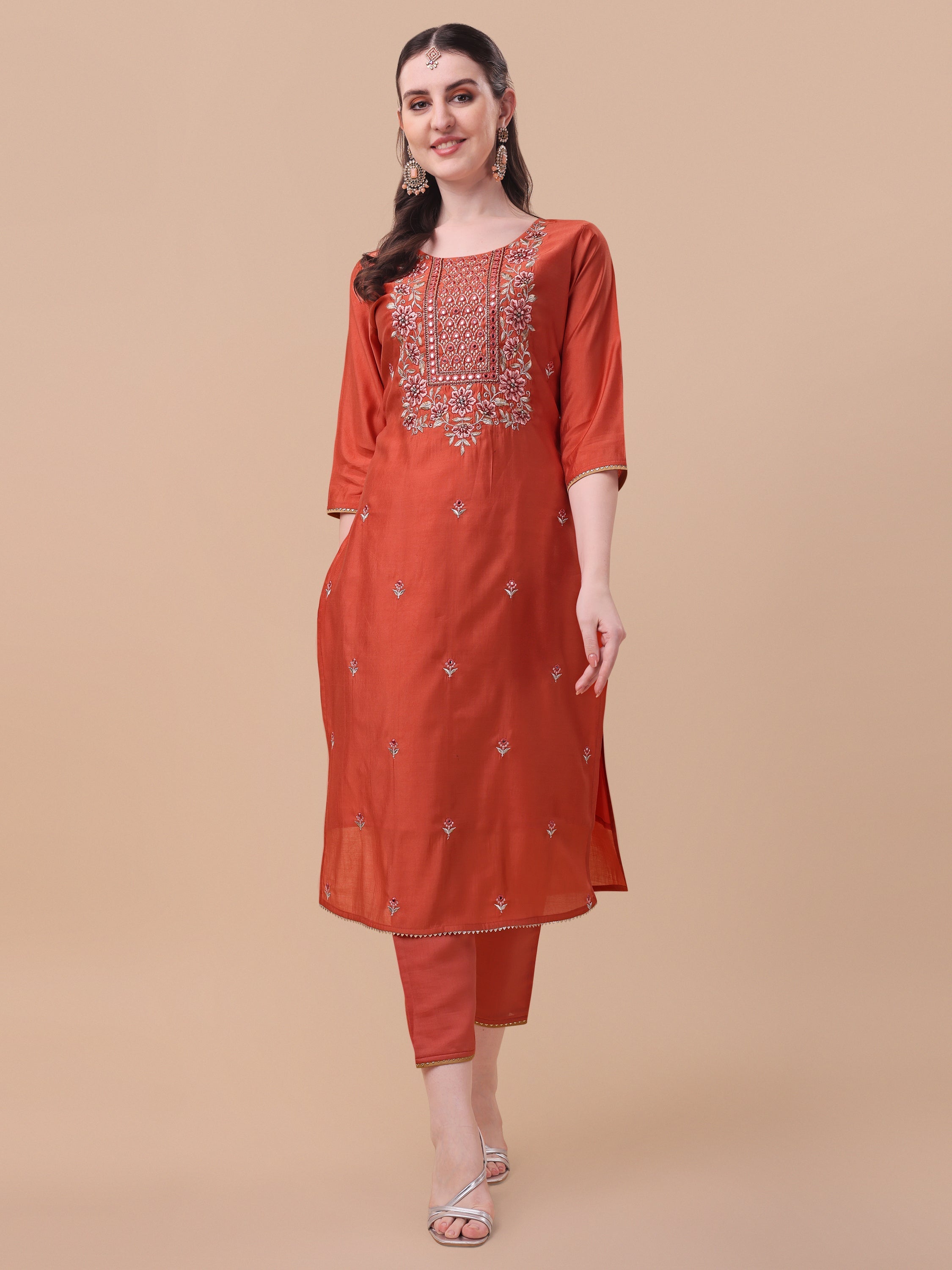 Embroidered Kurta With Pant And Printed Dupatta Set, Multicolor - Hiral Fashion | Grocsy