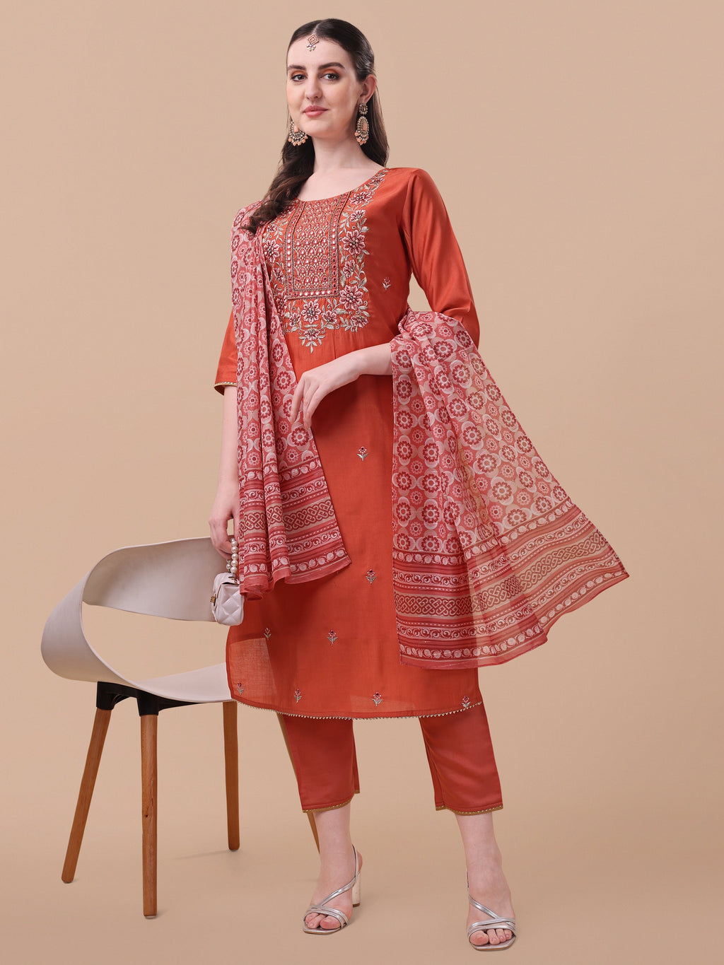 Embroidered Kurta With Pant And Printed Dupatta Set, Multicolor - Hiral Fashion | Grocsy