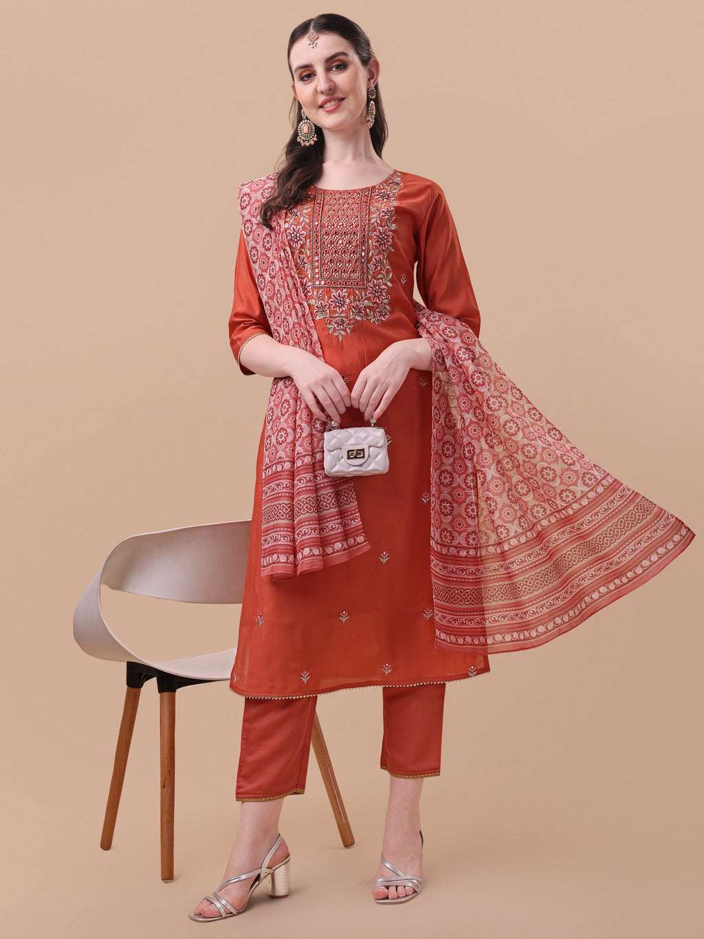 Embroidered Kurta With Pant And Printed Dupatta Set, Multicolor - Hiral Fashion | Grocsy