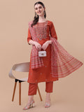 Embroidered Kurta With Pant And Printed Dupatta Set, Multicolor - Hiral Fashion | Grocsy