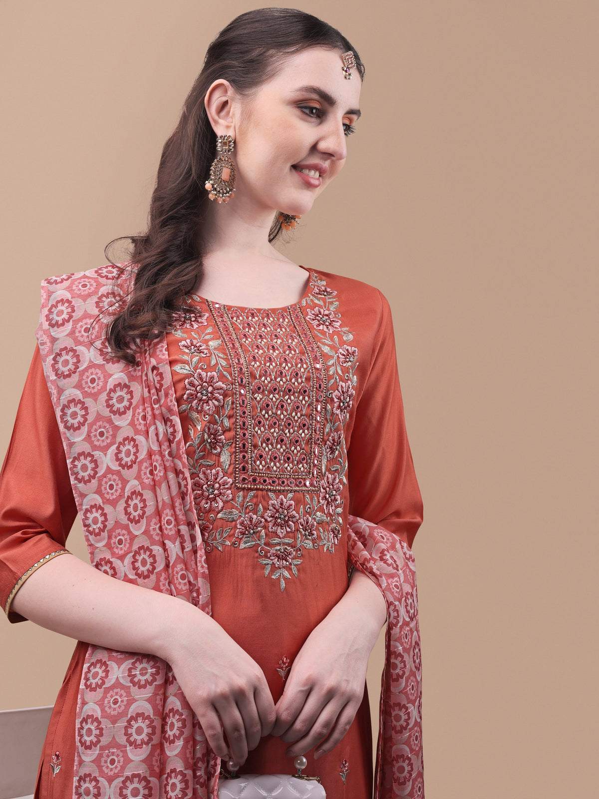 Embroidered Kurta With Pant And Printed Dupatta Set, Multicolor - Hiral Fashion | Grocsy