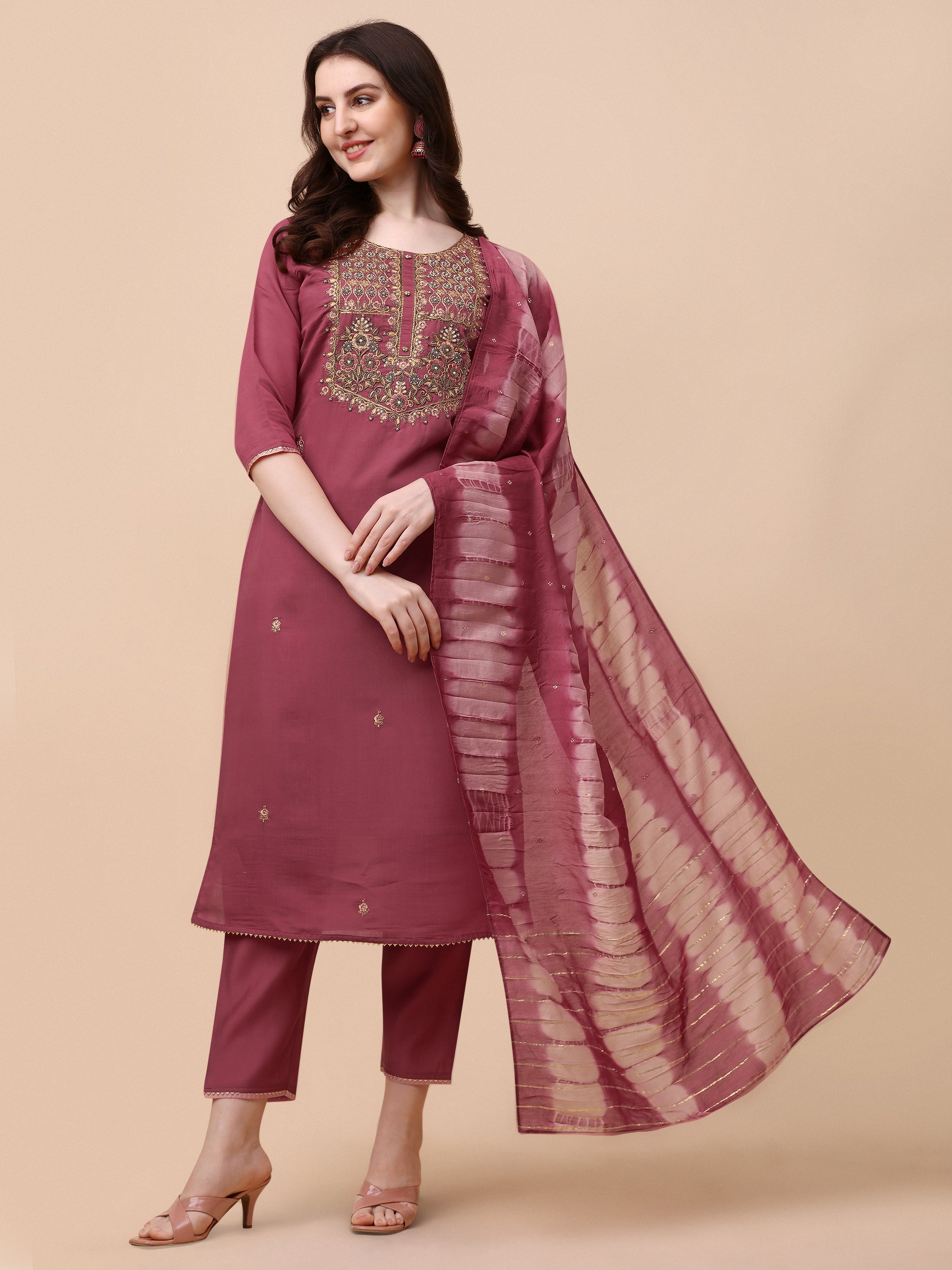 Embroidered Kurta With Pant And Dupatta Set, Multicolor - Hiral Fashion | Grocsy