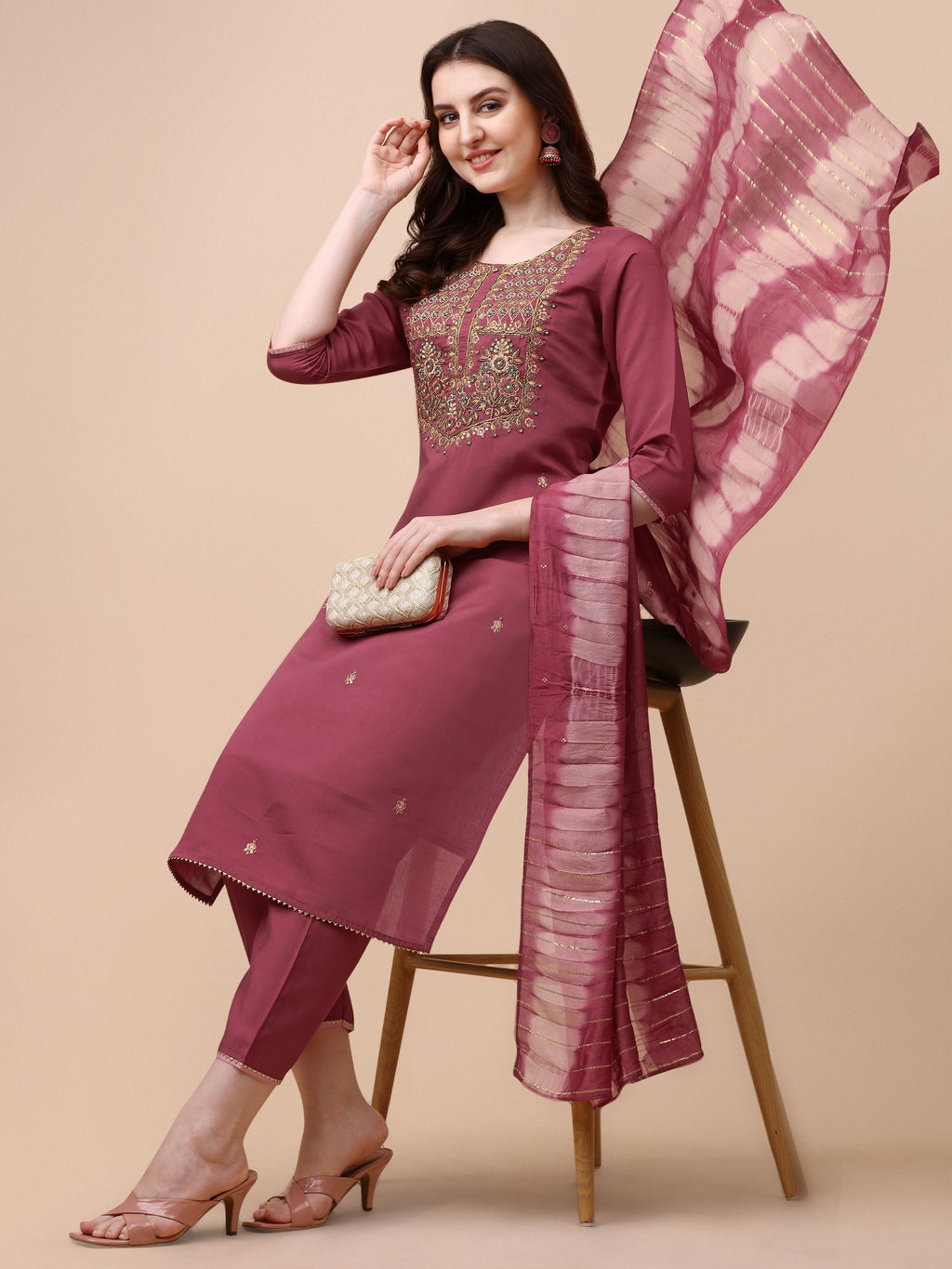 Embroidered Kurta With Pant And Dupatta Set, Multicolor - Hiral Fashion | Grocsy