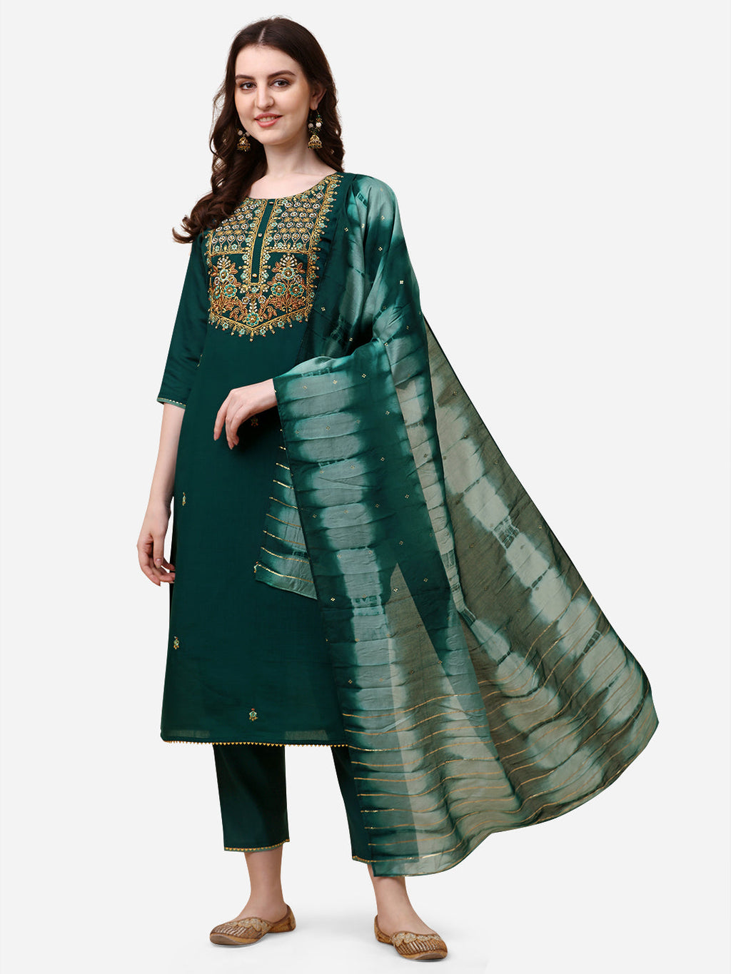 Embroidered Kurta With Pant And Dupatta Set, Multicolor - Hiral Fashion | Grocsy