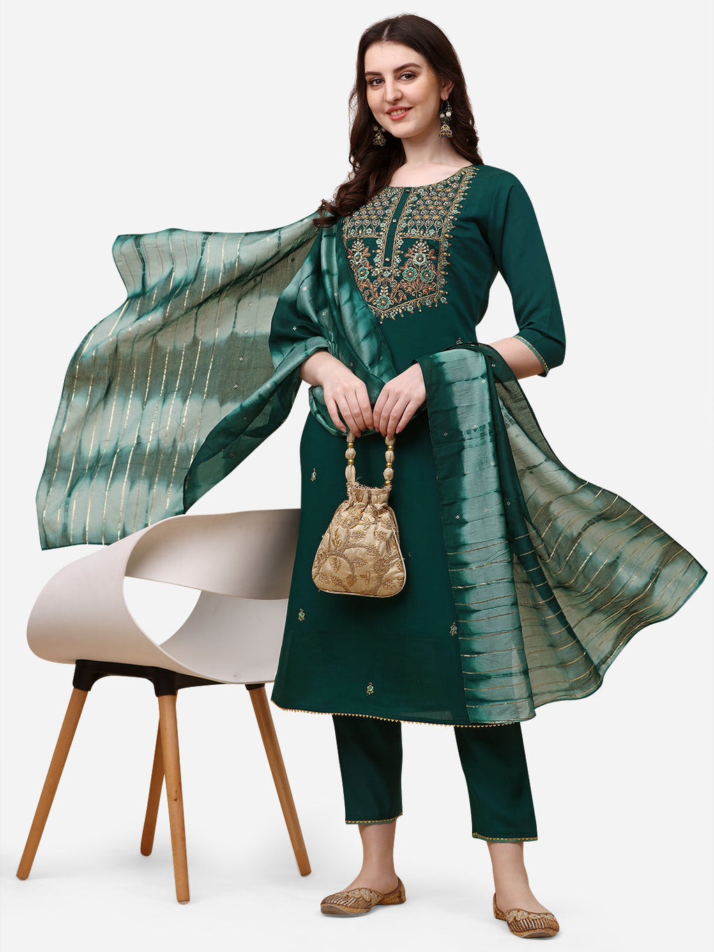 Embroidered Kurta With Pant And Dupatta Set, Multicolor - Hiral Fashion | Grocsy