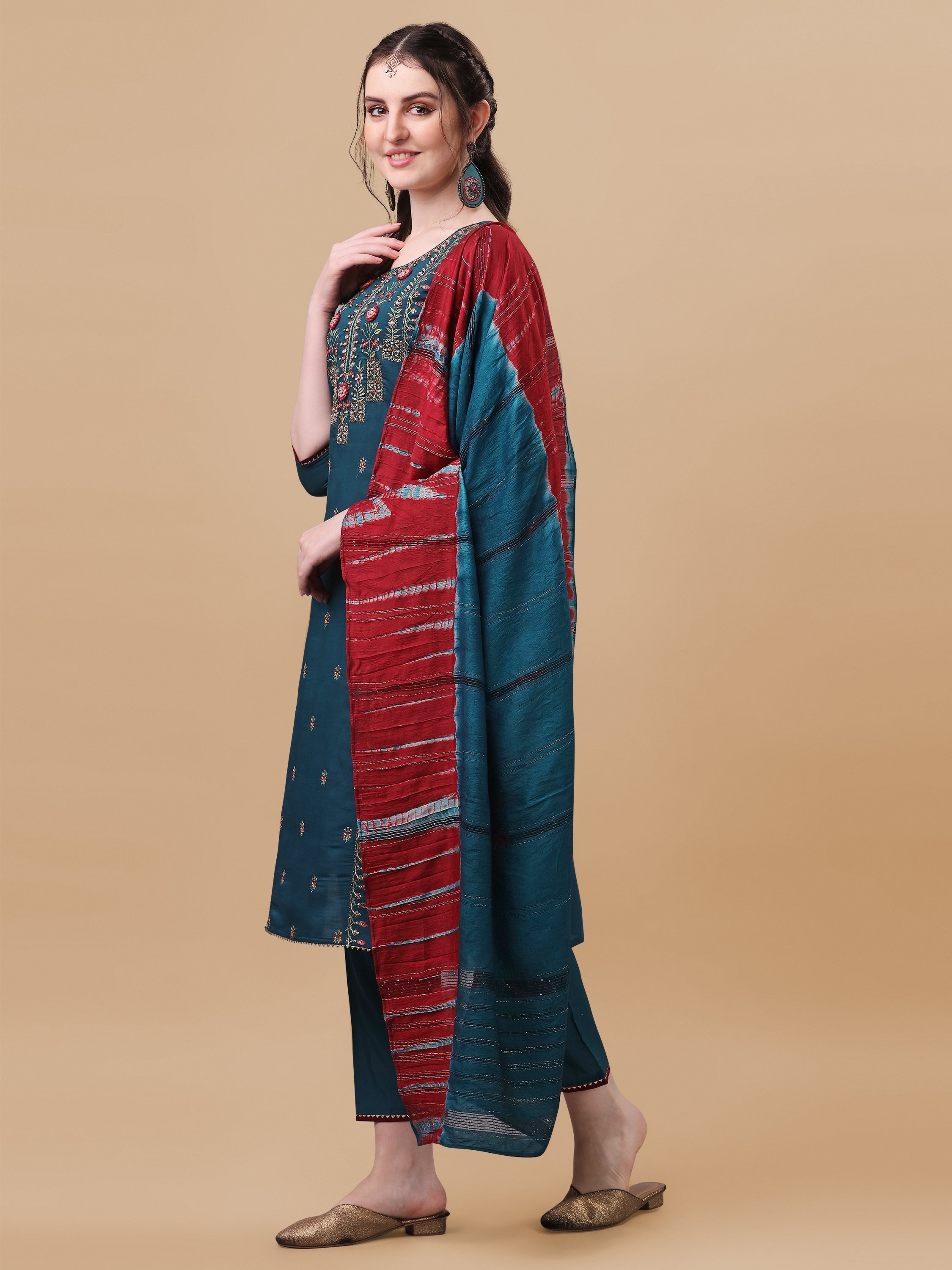 Printed Kurta With Pant And Dupatta Set, Multicolor - Hiral Fashion | Grocsy