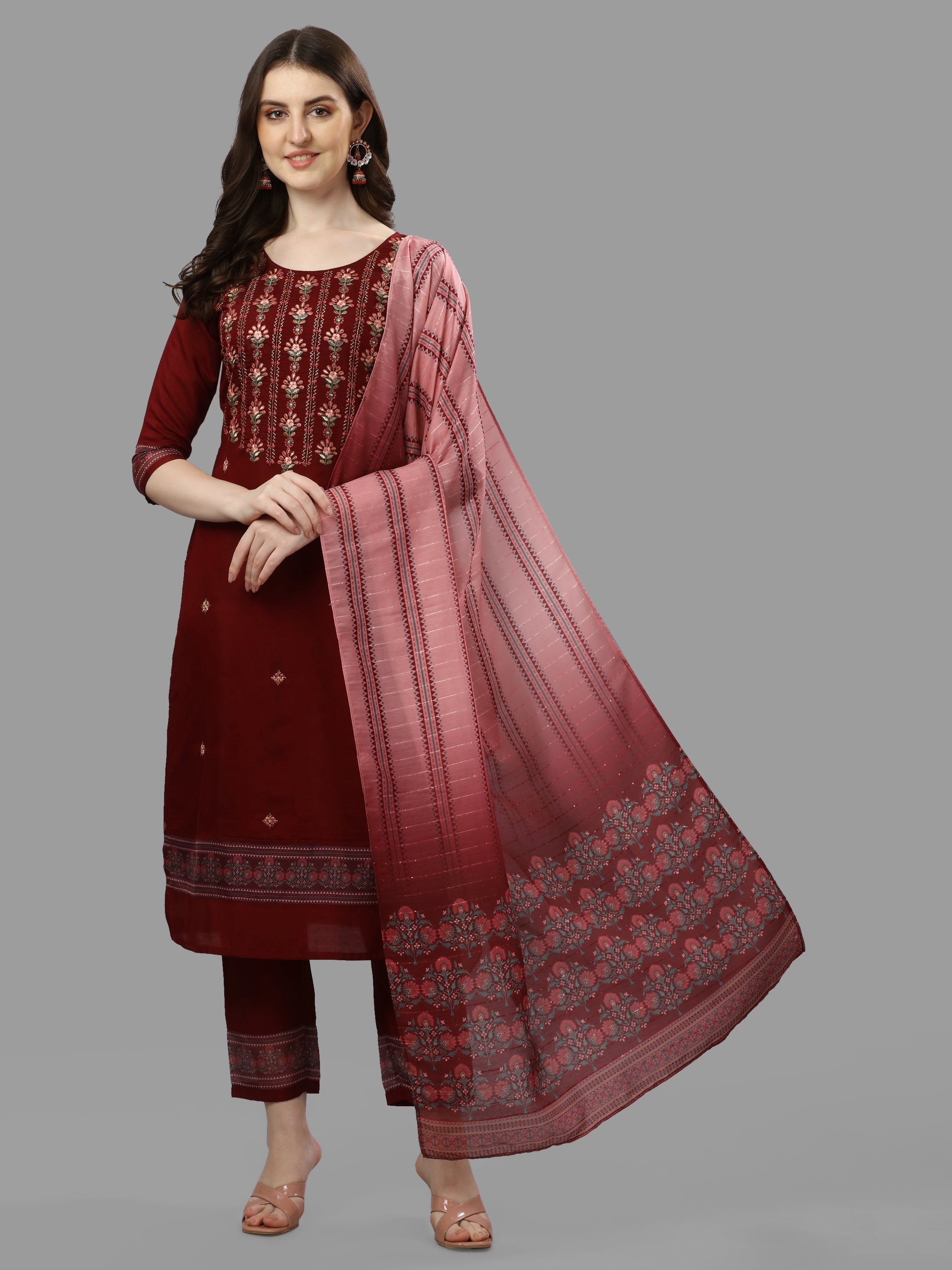 Thread Embroidered Kurta With Pant And Dupatta Set, Multicolor - Hiral Fashion | Grocsy