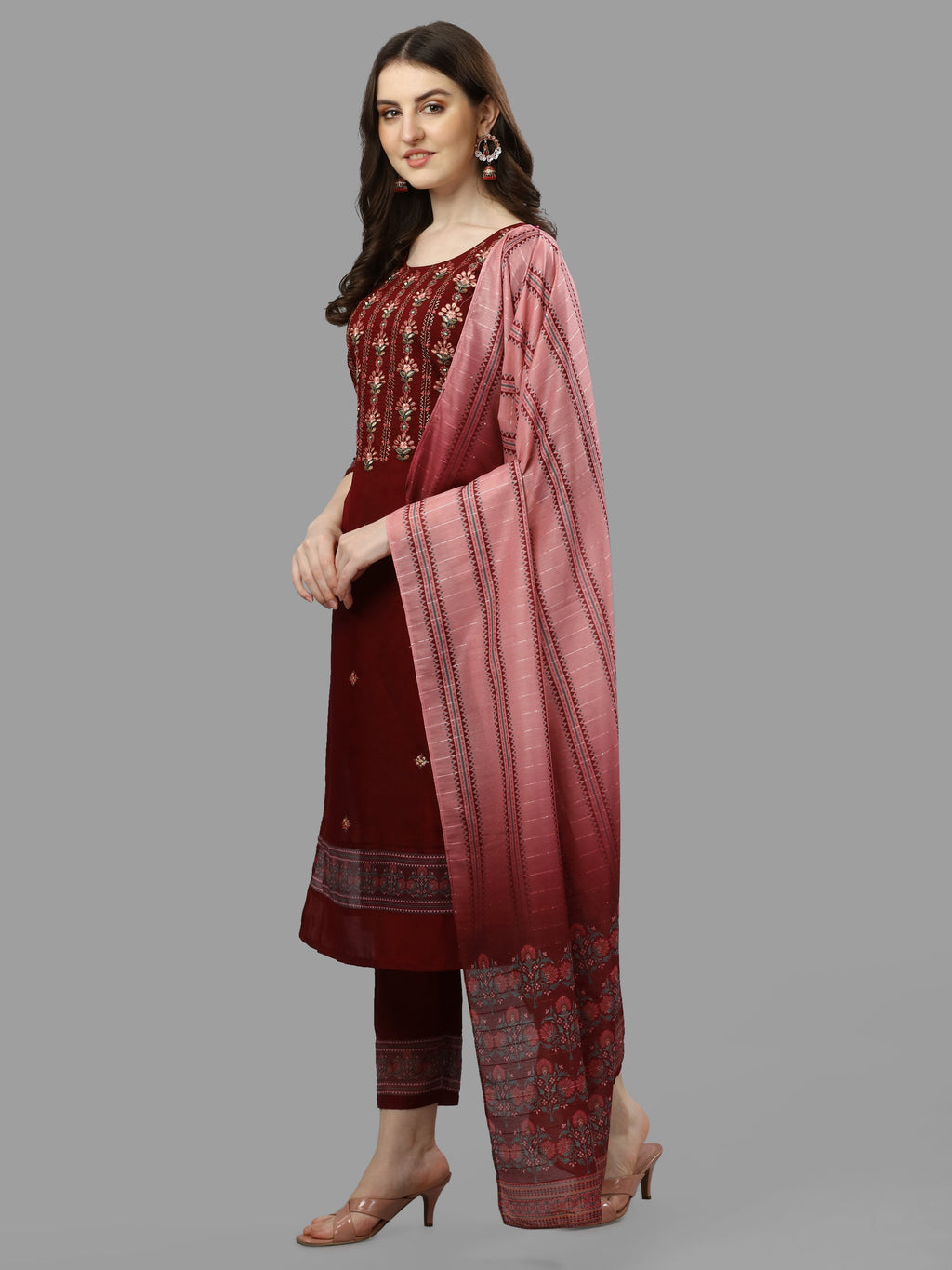 Thread Embroidered Kurta With Pant And Dupatta Set, Multicolor - Hiral Fashion | Grocsy