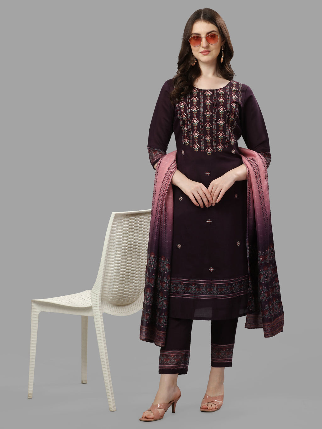 Thread Embroidered Kurta With Pant And Dupatta Set, Multicolor - Hiral Fashion | Grocsy