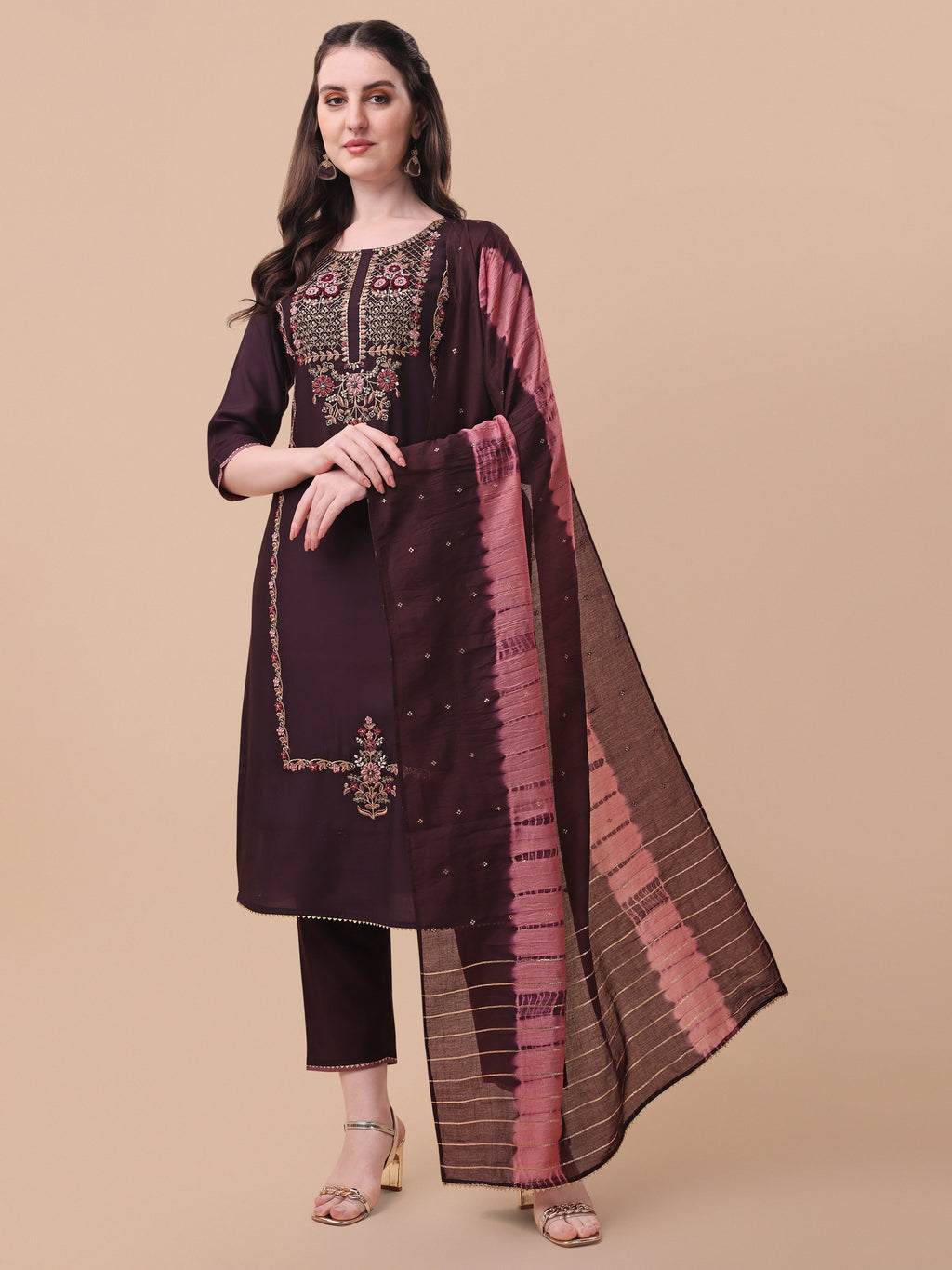 Embroidered Kurta With Pant & Dupatta Set, Multicolor - Hiral Fashion | Grocsy