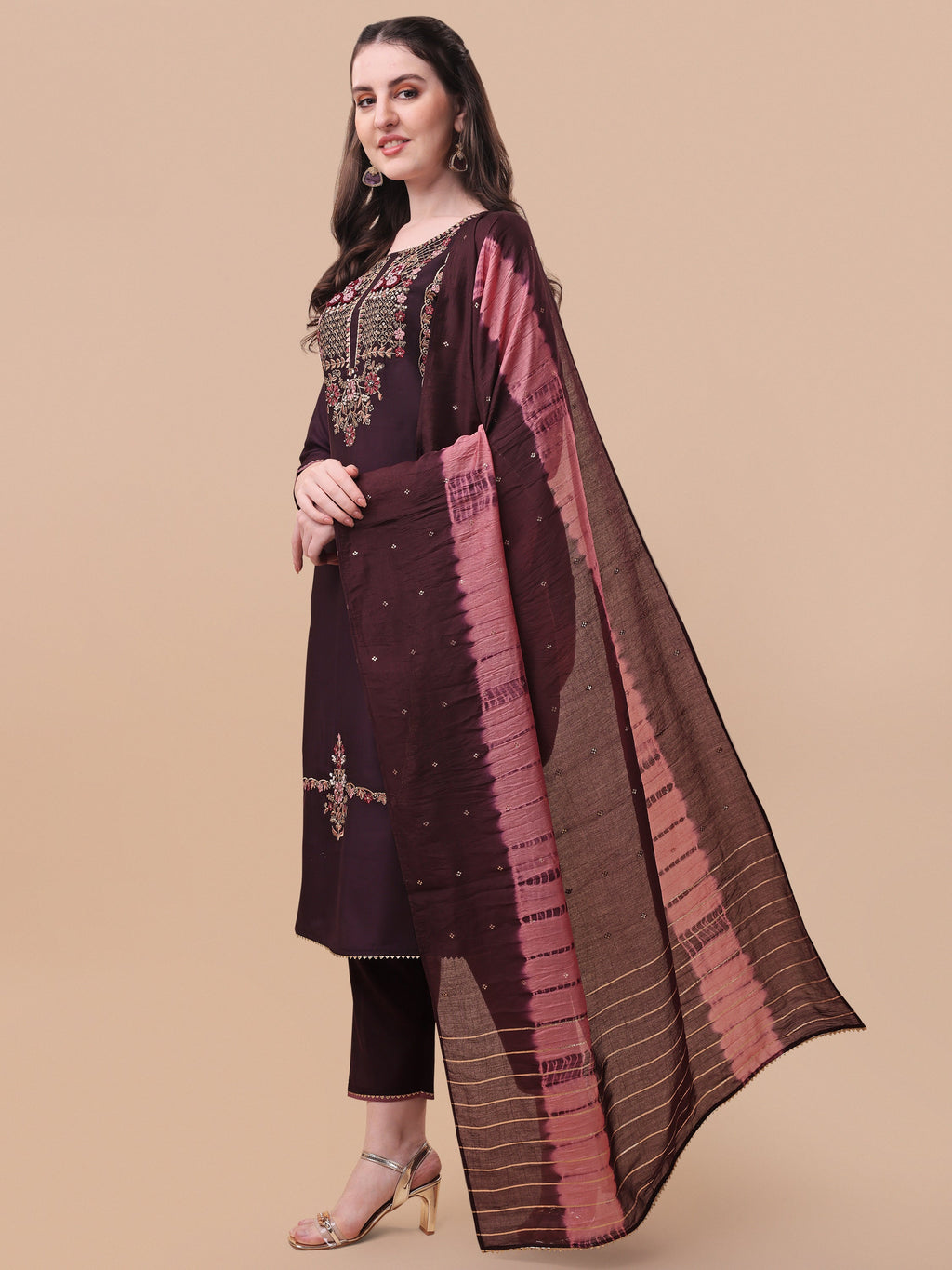 Embroidered Kurta With Pant & Dupatta Set, Multicolor - Hiral Fashion | Grocsy