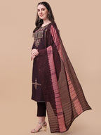 Embroidered Kurta With Pant & Dupatta Set, Multicolor - Hiral Fashion | Grocsy