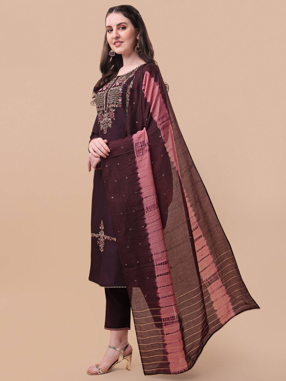 Embroidered Kurta With Pant & Dupatta Set, Multicolor - Hiral Fashion | Grocsy