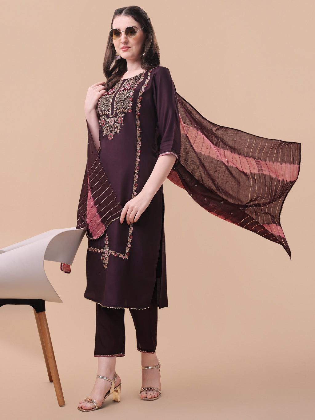 Embroidered Kurta With Pant & Dupatta Set, Multicolor - Hiral Fashion | Grocsy