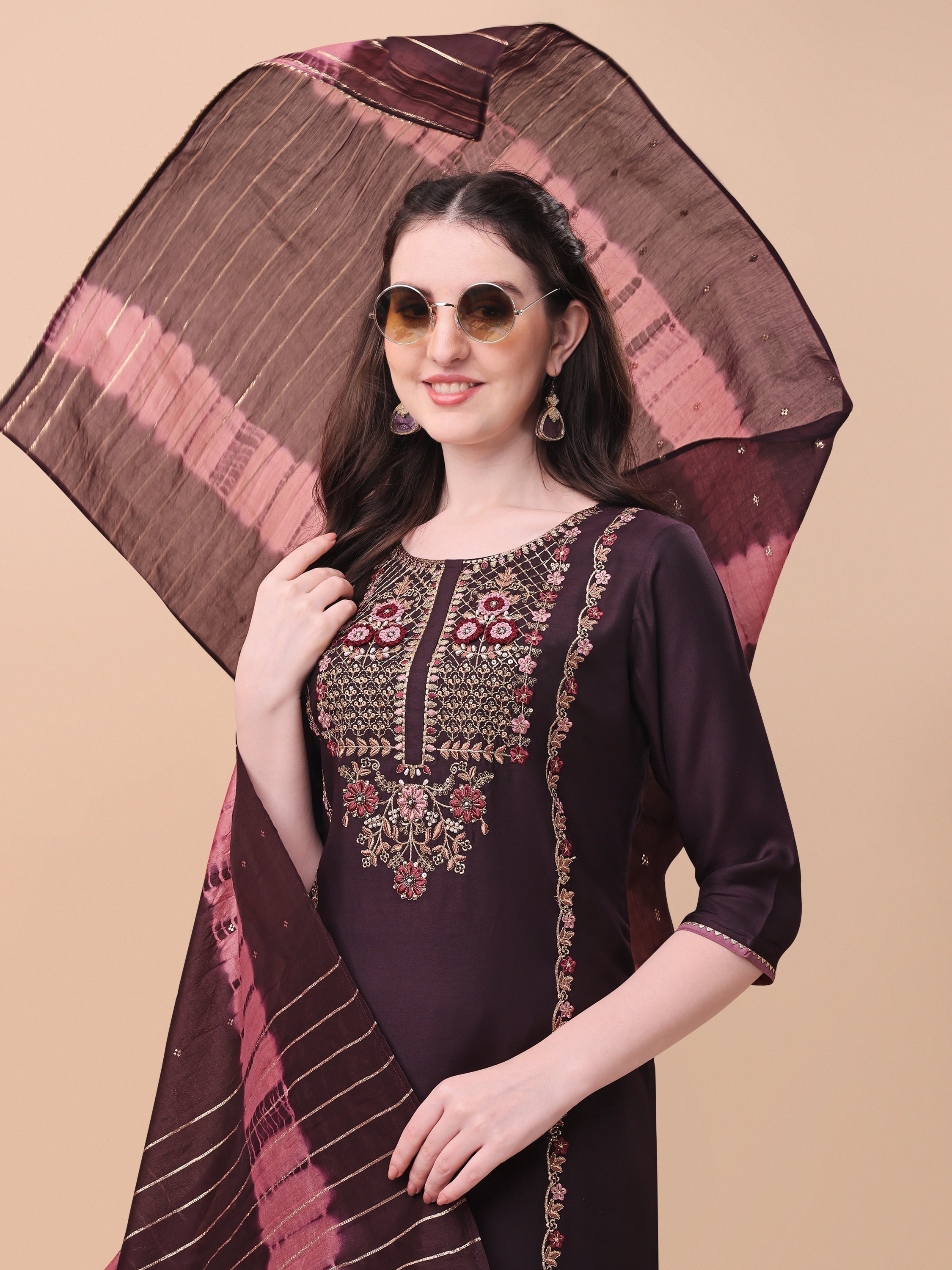Embroidered Kurta With Pant & Dupatta Set, Multicolor - Hiral Fashion | Grocsy