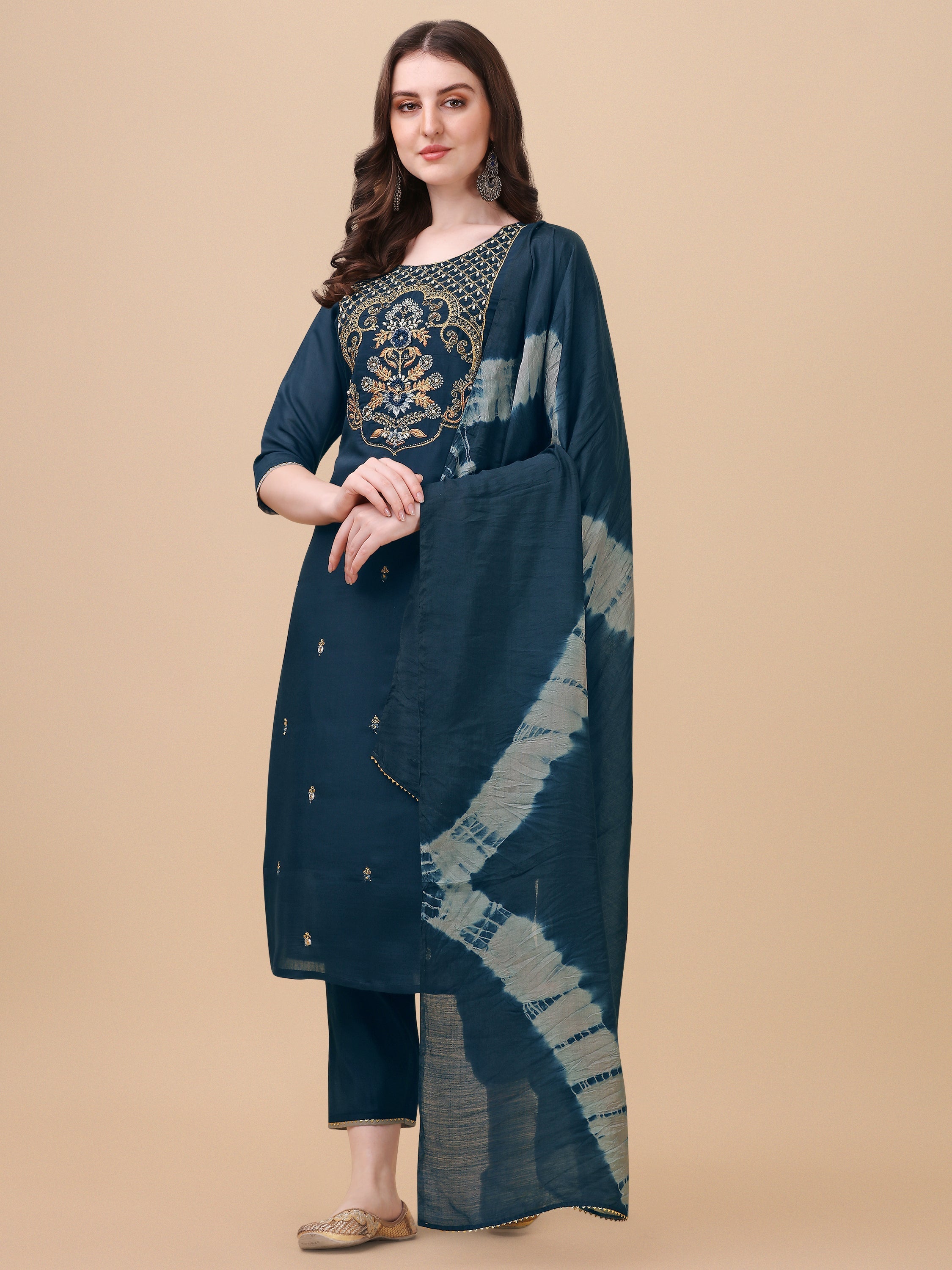 Embroidered Kurta With Pant And Dupatta Set, Multicolor - Hiral Fashion | Grocsy