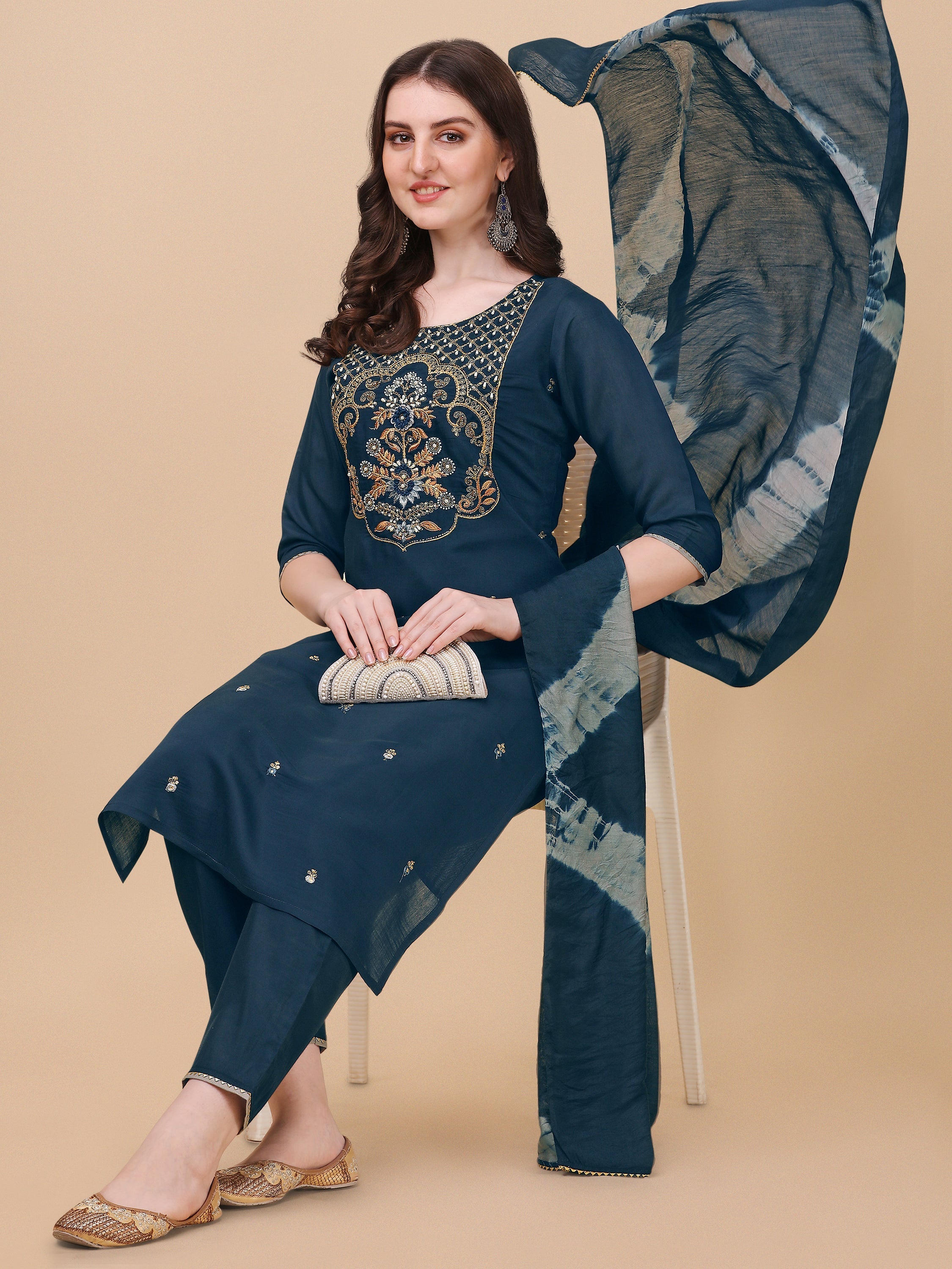 Embroidered Kurta With Pant And Dupatta Set, Multicolor - Hiral Fashion | Grocsy