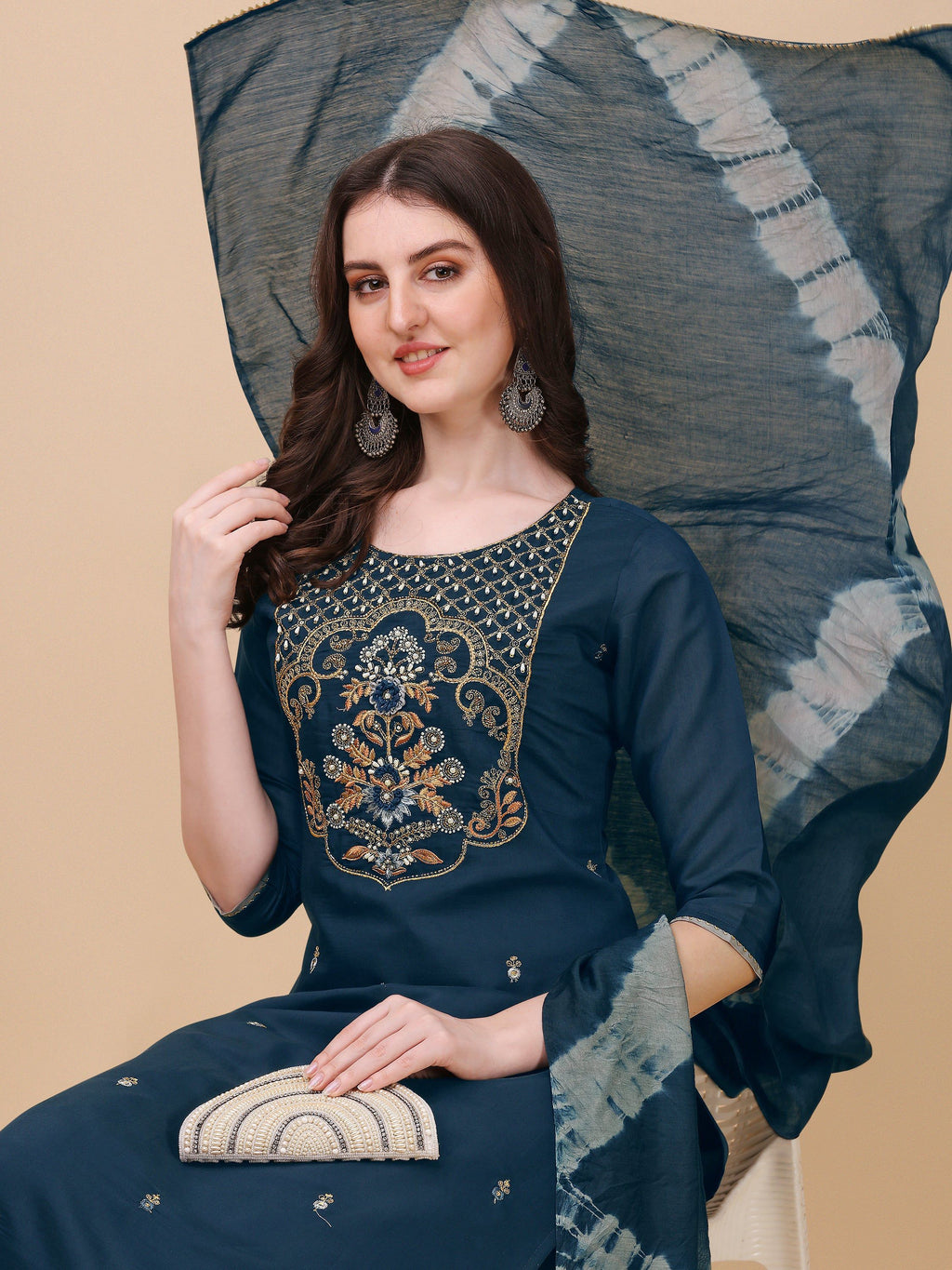 Embroidered Kurta With Pant And Dupatta Set, Multicolor - Hiral Fashion | Grocsy