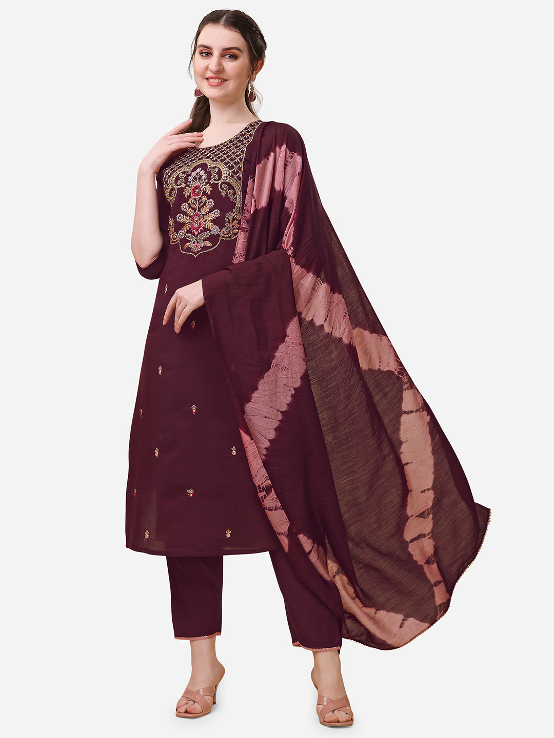 Embroidered Kurta With Pant And Dupatta Set, Multicolor - Hiral Fashion | Grocsy