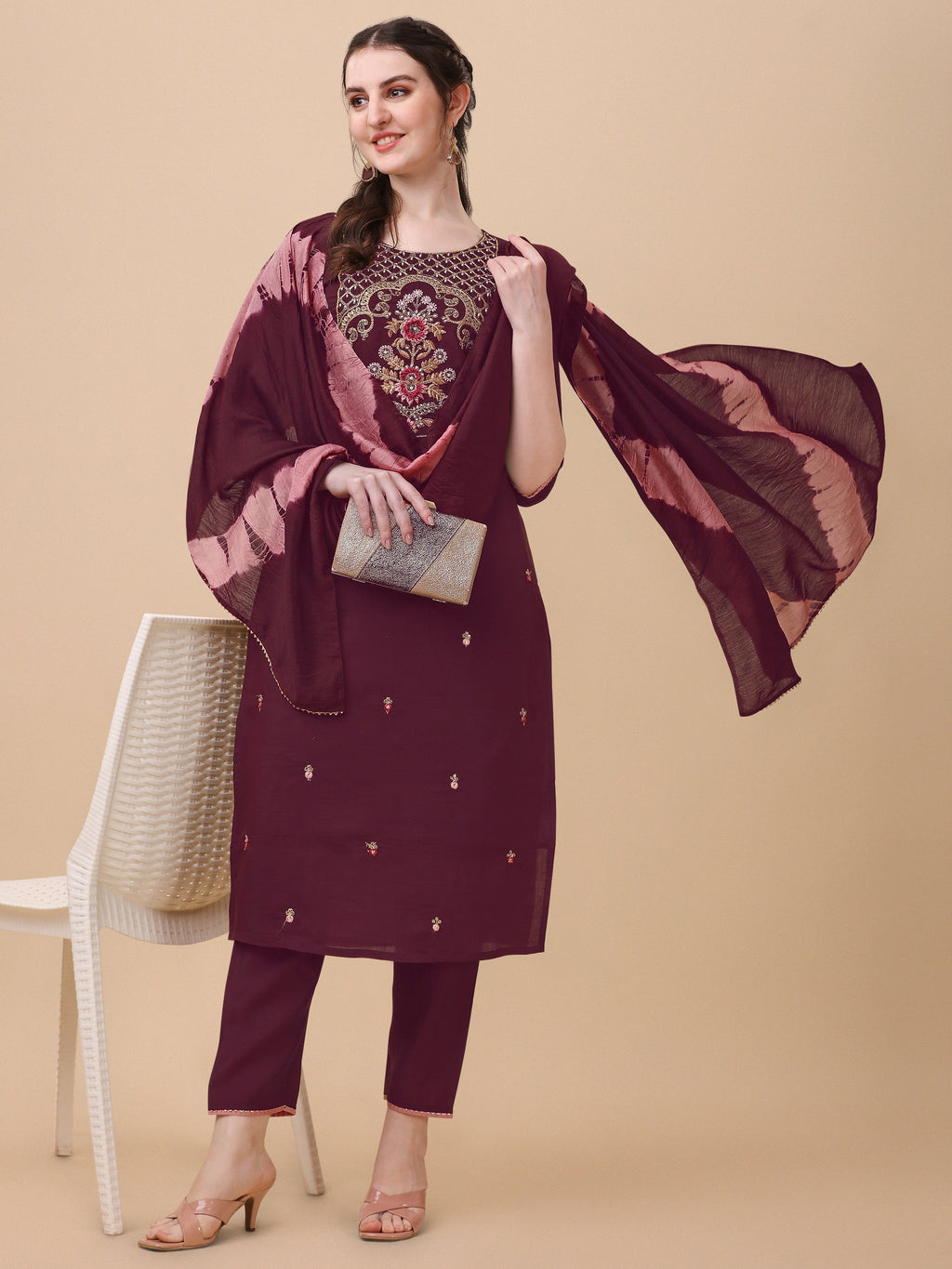 Embroidered Kurta With Pant And Dupatta Set, Multicolor - Hiral Fashion | Grocsy