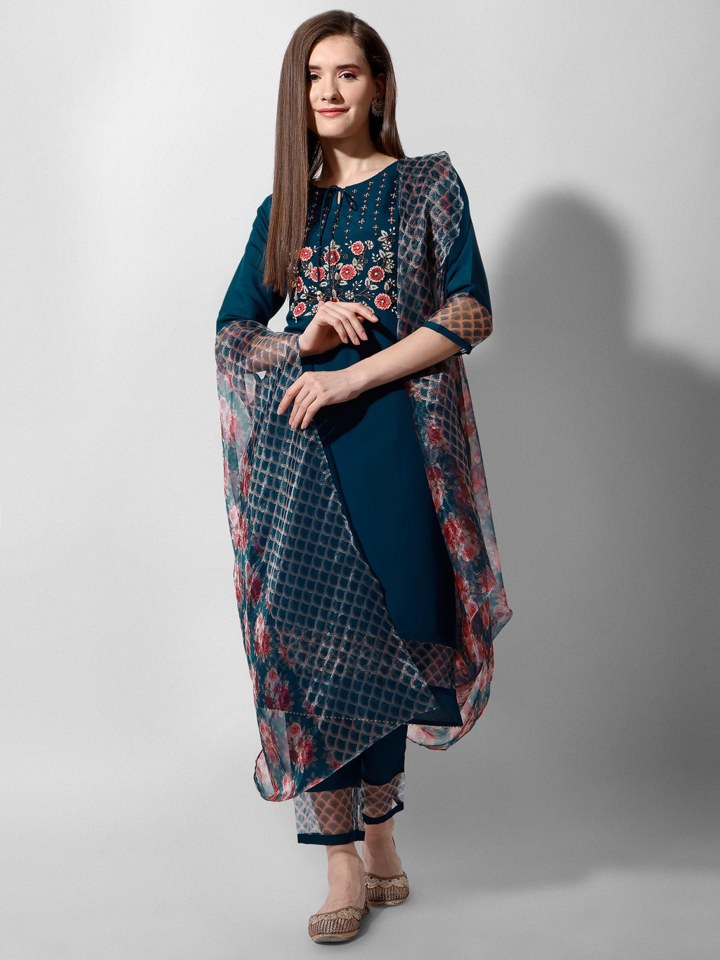 Hand Embroidered Kurta With Pant And Organza Dupatta Set Premium, Multicolor - Hiral Fashion | Grocsy