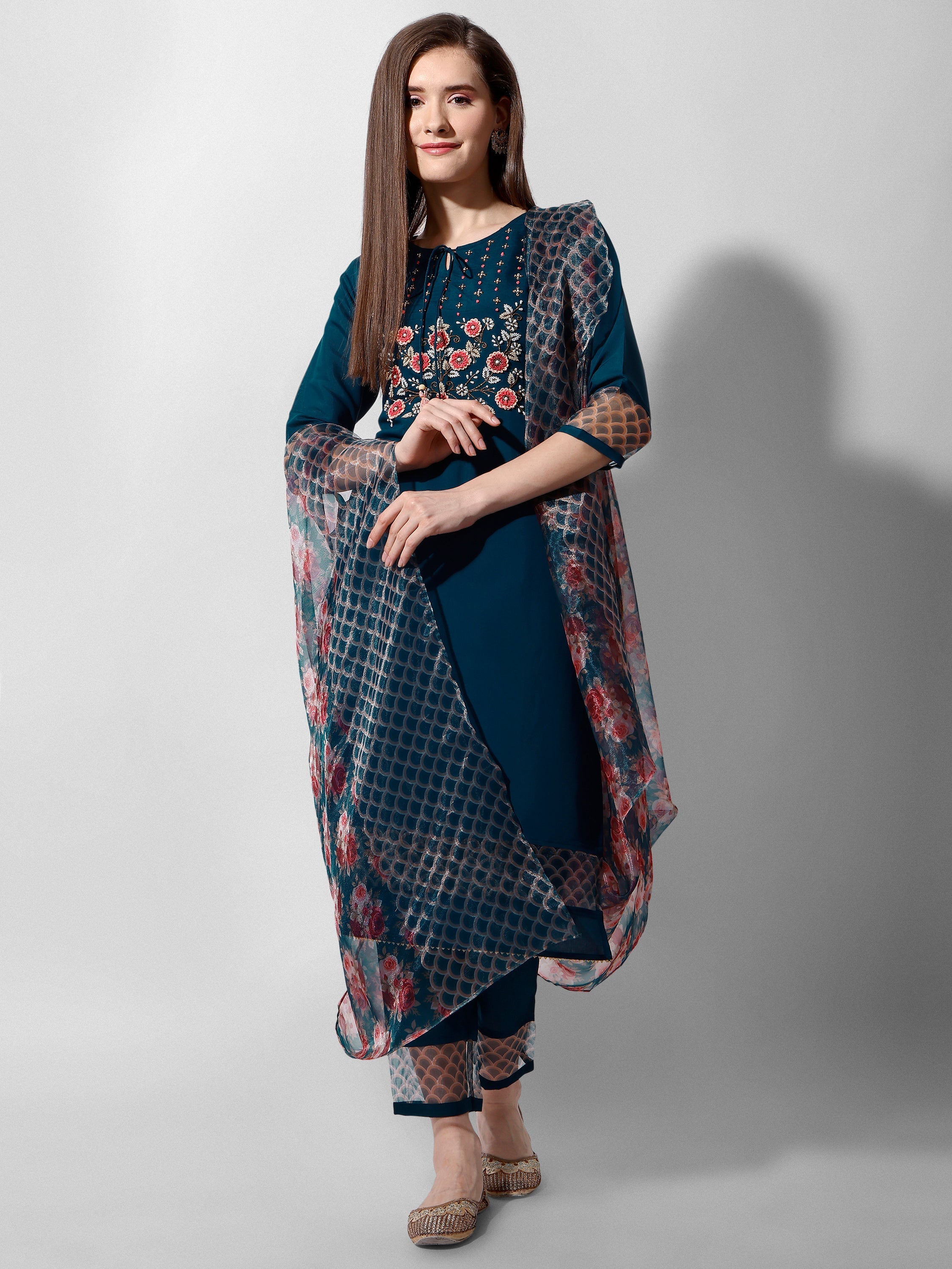 Hand Embroidered Kurta With Pant And Organza Dupatta Set Premium, Multicolor - Hiral Fashion | Grocsy