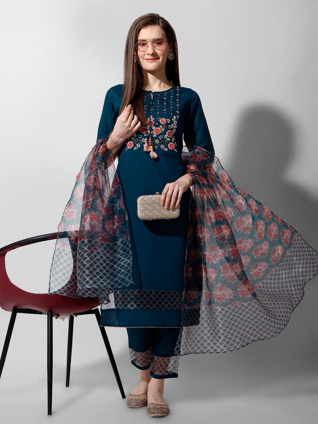 Hand Embroidered Kurta With Pant And Organza Dupatta Set Premium, Multicolor - Hiral Fashion | Grocsy