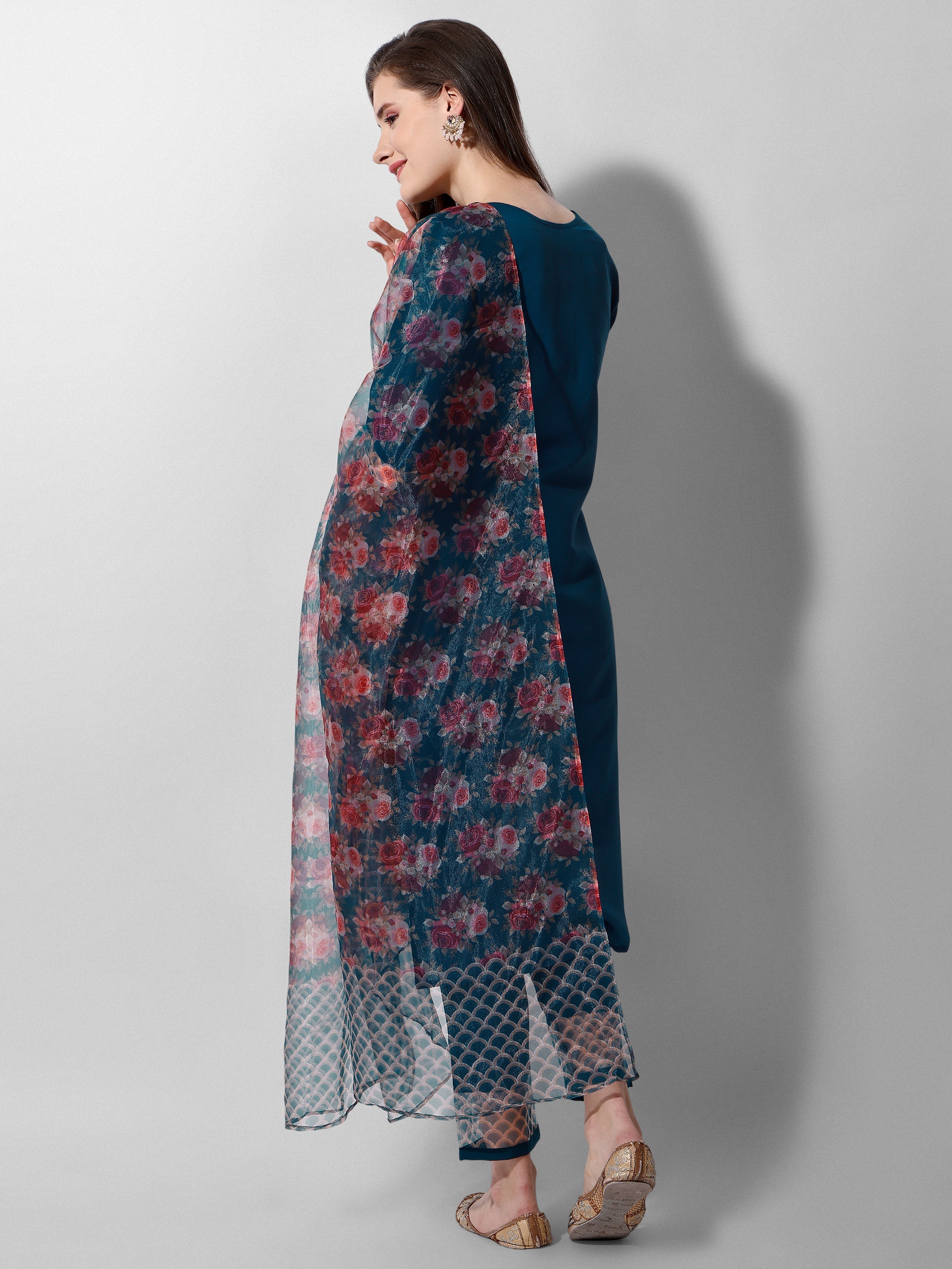 Hand Embroidered Kurta With Pant And Organza Dupatta Set Premium, Multicolor - Hiral Fashion | Grocsy