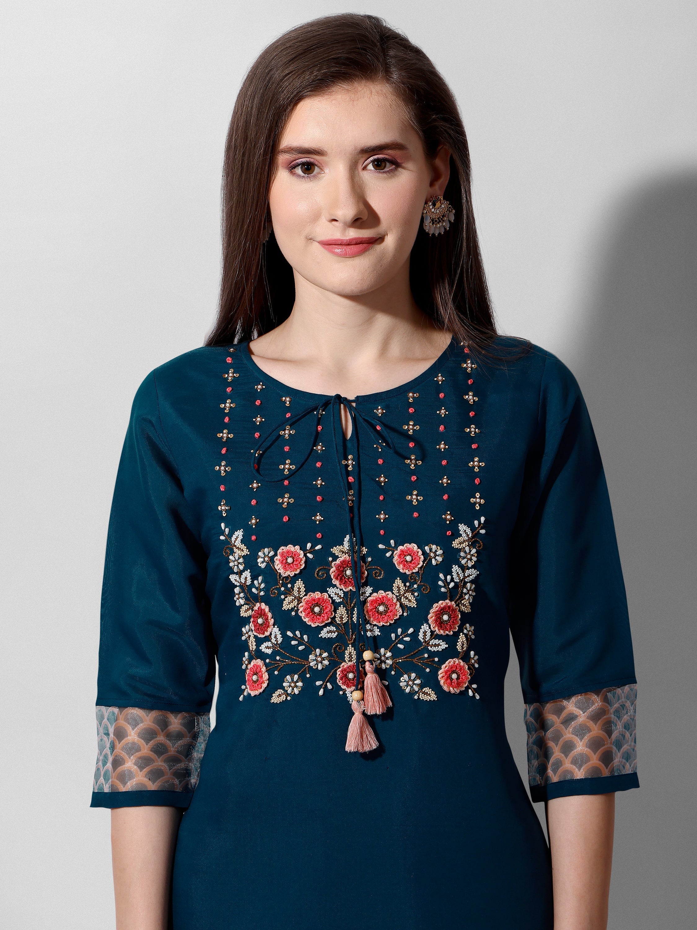 Hand Embroidered Kurta With Pant And Organza Dupatta Set Premium, Multicolor - Hiral Fashion | Grocsy
