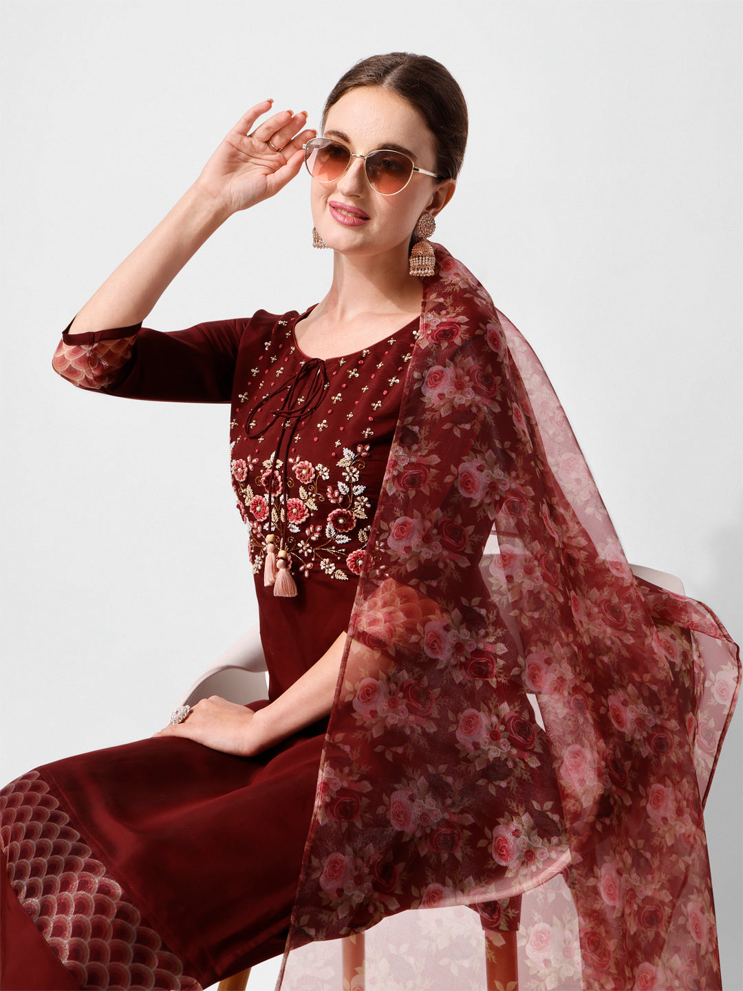 Hand Embroidered Kurta With Pant And Dupatta Set Premium, Multicolor - Hiral Fashion | Grocsy
