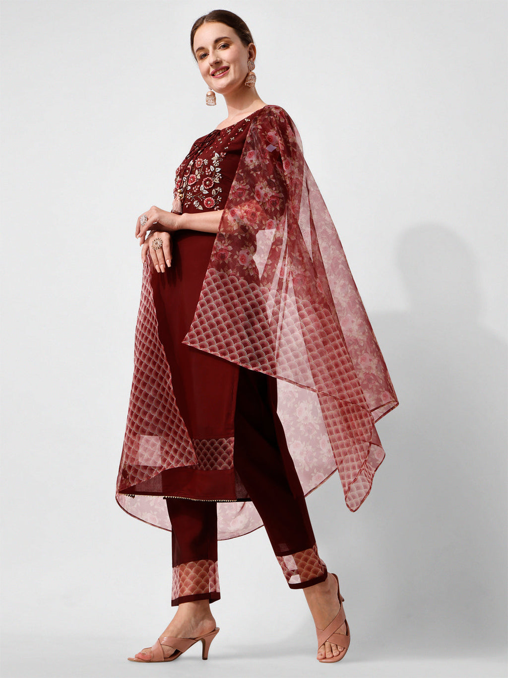 Hand Embroidered Kurta With Pant And Dupatta Set Premium, Multicolor - Hiral Fashion | Grocsy