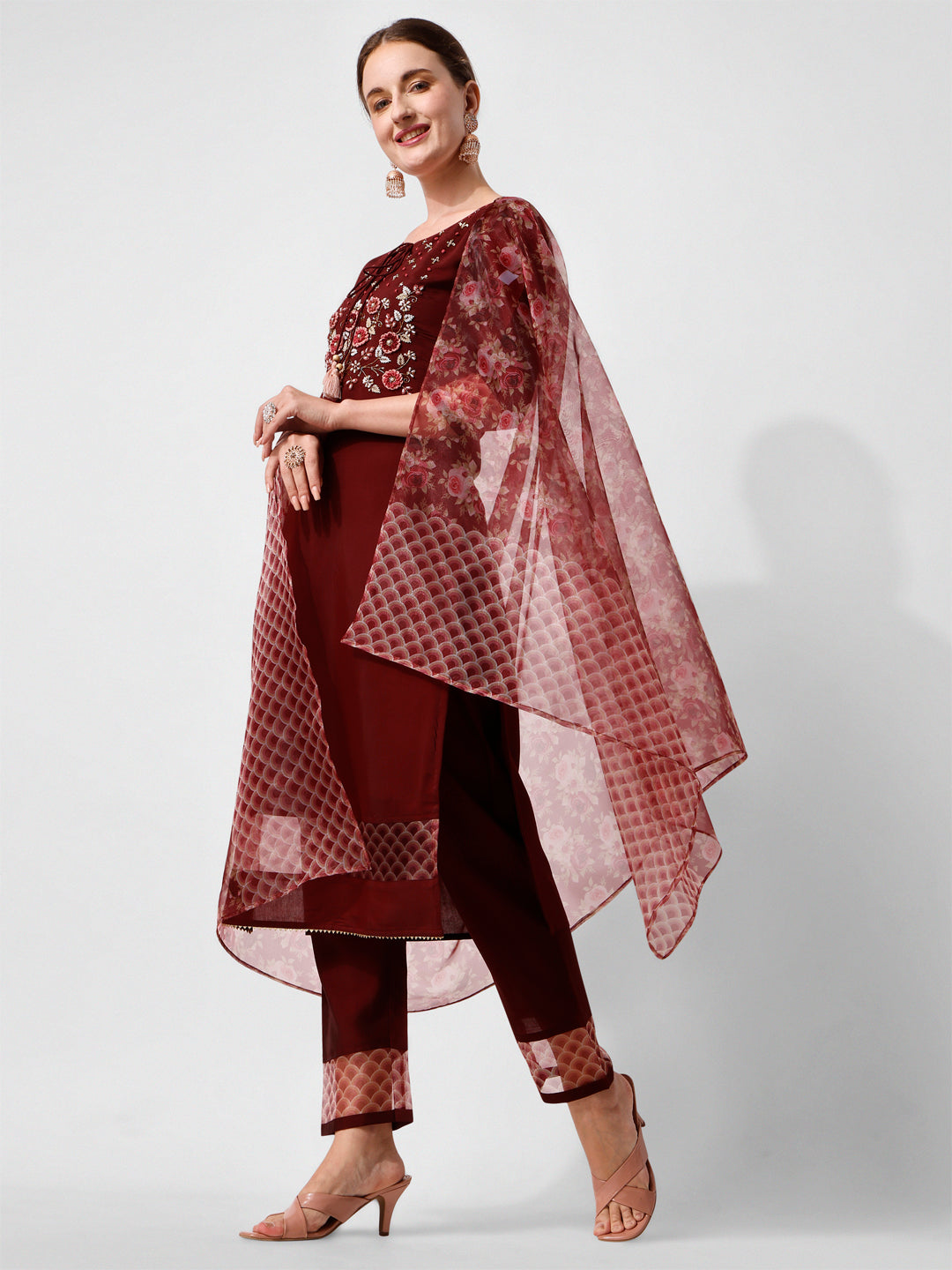 Hand Embroidered Kurta With Pant And Dupatta Set Premium, Multicolor - Hiral Fashion | Grocsy