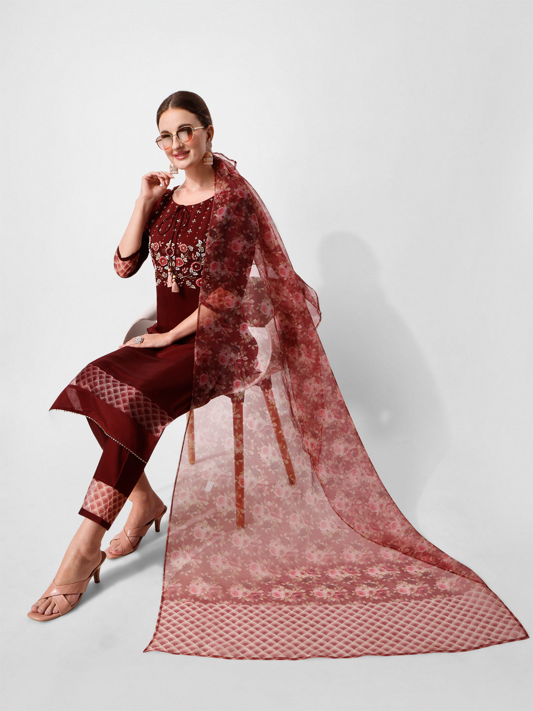Hand Embroidered Kurta With Pant And Dupatta Set Premium, Multicolor - Hiral Fashion | Grocsy