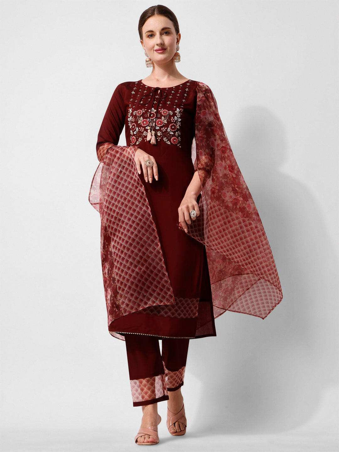 Hand Embroidered Kurta With Pant And Dupatta Set Premium, Multicolor - Hiral Fashion | Grocsy