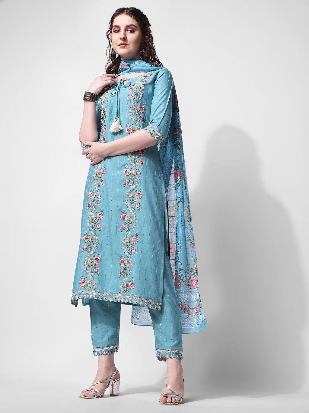 Embroidered Rayon Sequined Kurta With Pant & Dupatta Set Premium, Multicolor - Hiral Fashion | Grocsy
