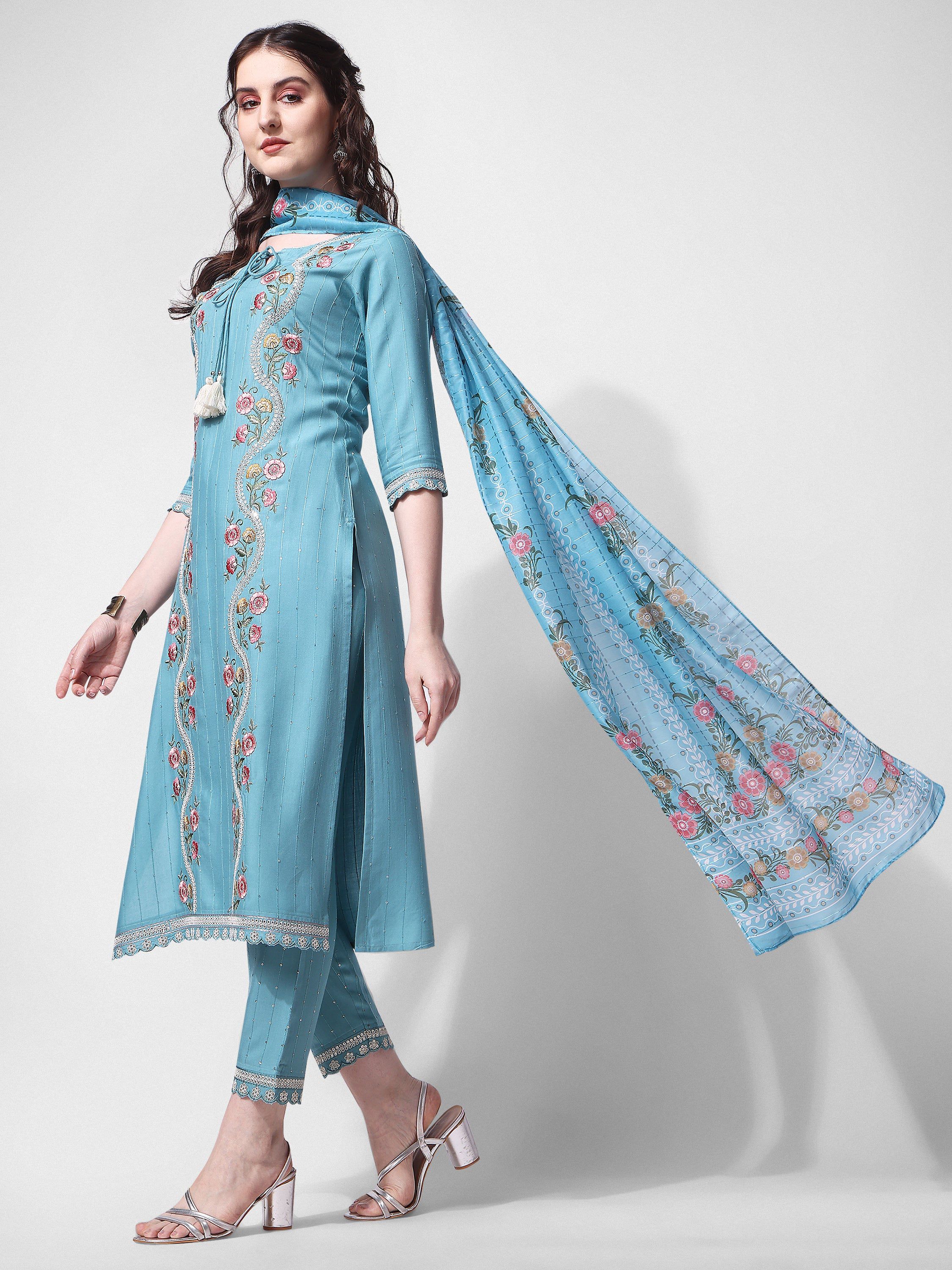 Embroidered Rayon Sequined Kurta With Pant & Dupatta Set Premium, Multicolor - Hiral Fashion | Grocsy