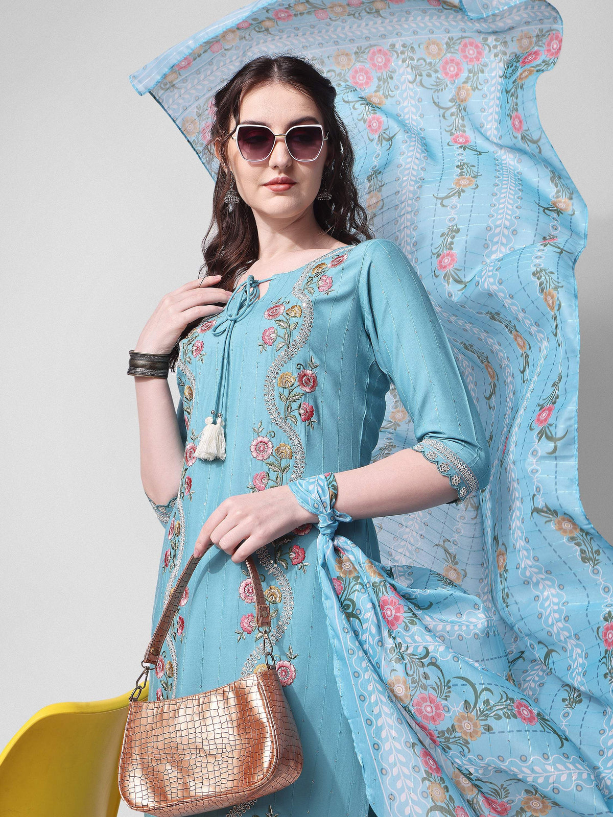 Embroidered Rayon Sequined Kurta With Pant & Dupatta Set Premium, Multicolor - Hiral Fashion | Grocsy